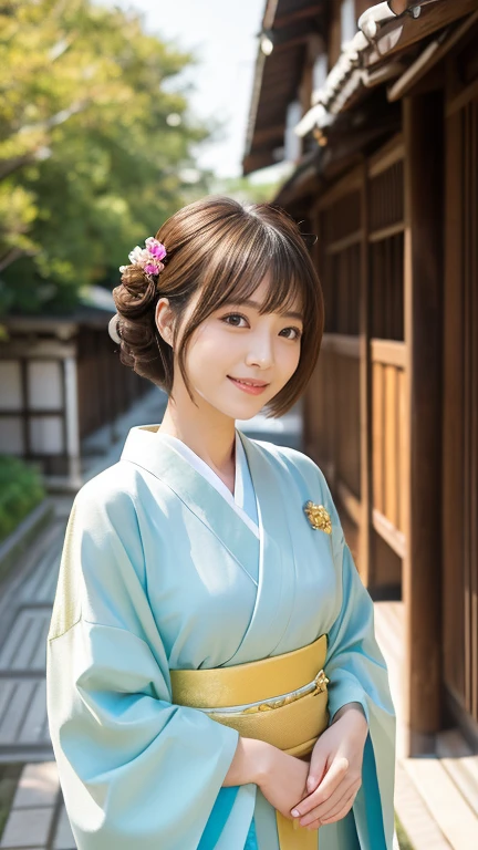highest quality、8k wallpaper、Reality:1.4、Photographed by a professional photographer、Photographed in natural light、View your viewers、background:Kyoto street corner、1 beautiful girl、Japanese Idol、60 years old、Beautifully detailed eyes、Detailed face、Beautiful Skin、Slender、Slim waist、Thin legs、Lip balm、Blonde: 1.8、The sunlight hits her hair, making it shine golden.、Bobcut、Asymmetrical bangs、Hair decorated with elegant and delicate hairpins、Kimono with vibrant traditional patterns:1.8 、smile:1.5