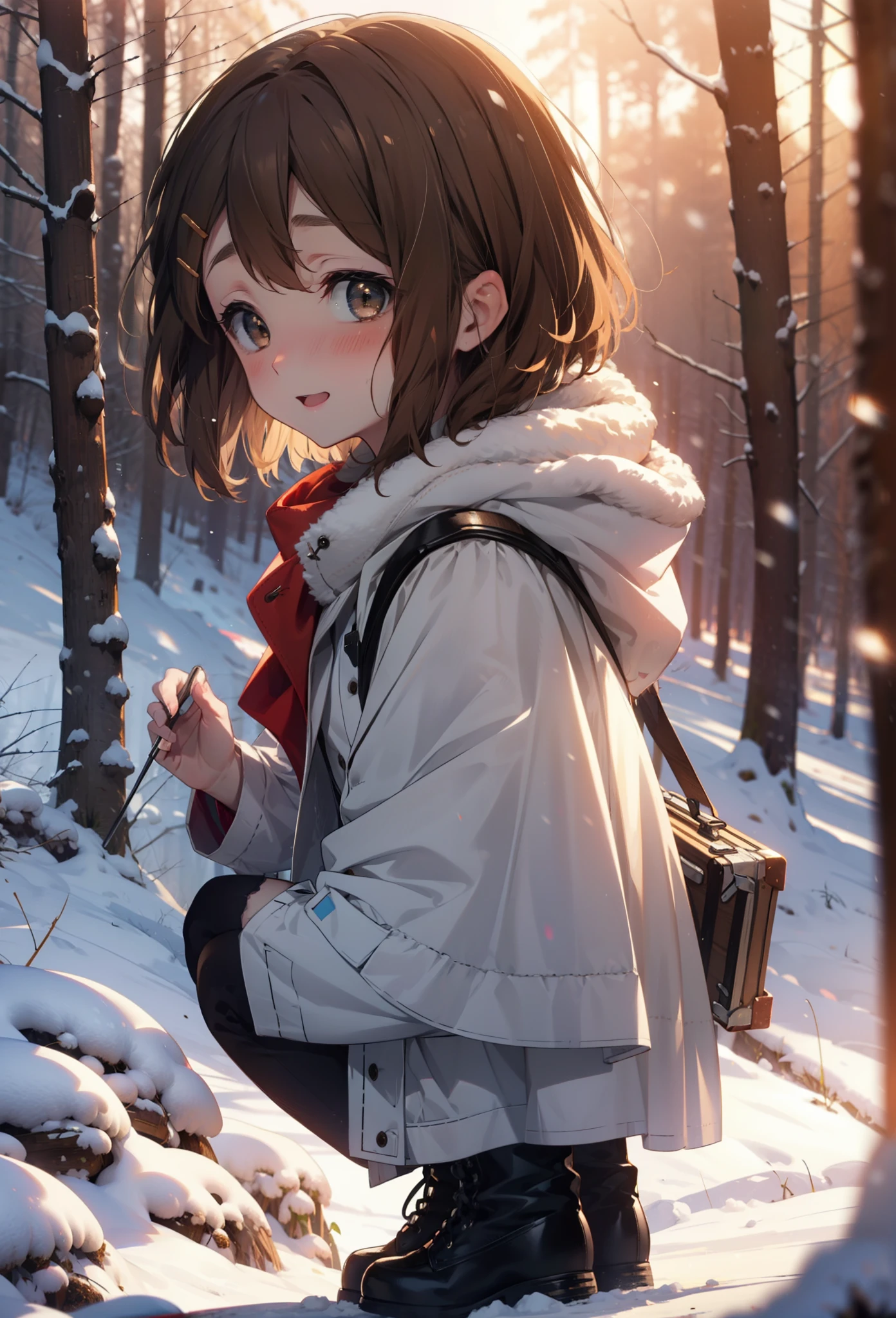 yuihirasawa, Yui Hirasawa, short hair, Brown Hair, hair ornaments, (Brown eyes:1.5), Hair Clip、smile,smile,blush,White Breath,
Open your mouth,snow,A bonfire on the ground,,Outdoor, boots, snowing, From the side, wood, suitcase, Cape, Blurred, , forest, White handbag, nature, Squat, Mouth closed, Cape, winter, Written boundary depth, Black shoes, red Cape break looking at viewer, Upper Body, whole body, break Outdoor, forest, nature, break (masterpiece:1.2), highest quality, High resolution, unity 8k wallpaper, (shape:0.8), (Beautiful and beautiful eyes:1.6), Highly detailed face, Perfect lighting, Highly detailed CG, (Perfect hands, Perfect Anatomy),