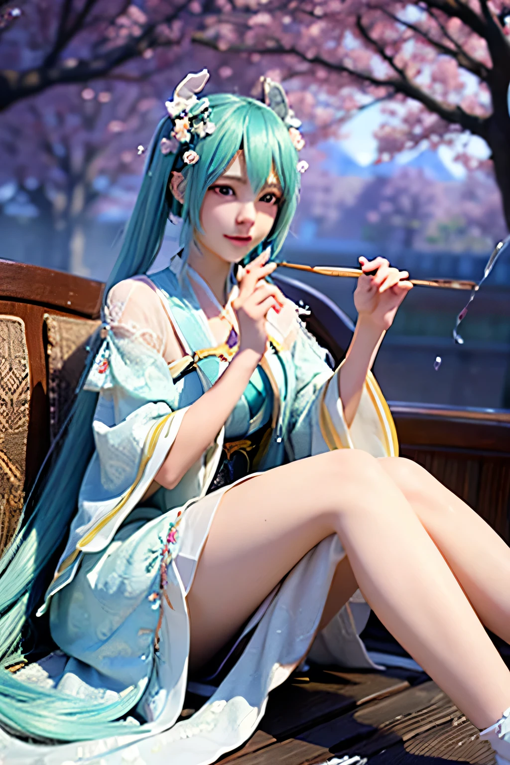 Hatsune Miku、(Surreal), (one example), (High resolution), (8K), (Very detailed), (Best example), (Beautiful and delicate eyes), (Best quality), (Super detailed), (Master of Peace), (wallpaper), (Delicate face), Solitary, 1 Girl, Noble dress、white hair, Heterochromia iris, There is a small mole under the eye, Medium bust, Long legs,Stunning composition,Braids,Beautiful and delicate legs full of wrinkles,I close my eyes,、Hatsune Miku turned around and left while eating grilled sweet potatoes on the train, Scream, Then tilt your face back slightly qiuyuehua,Fairy dress with wide sleeves,Hanfu,photo,full,High resolution, absurd, Game CG, 3D, official wallpaper, incredibly absurd, Video game covers, Huge file size, wallpaper, best quality, masterpiece