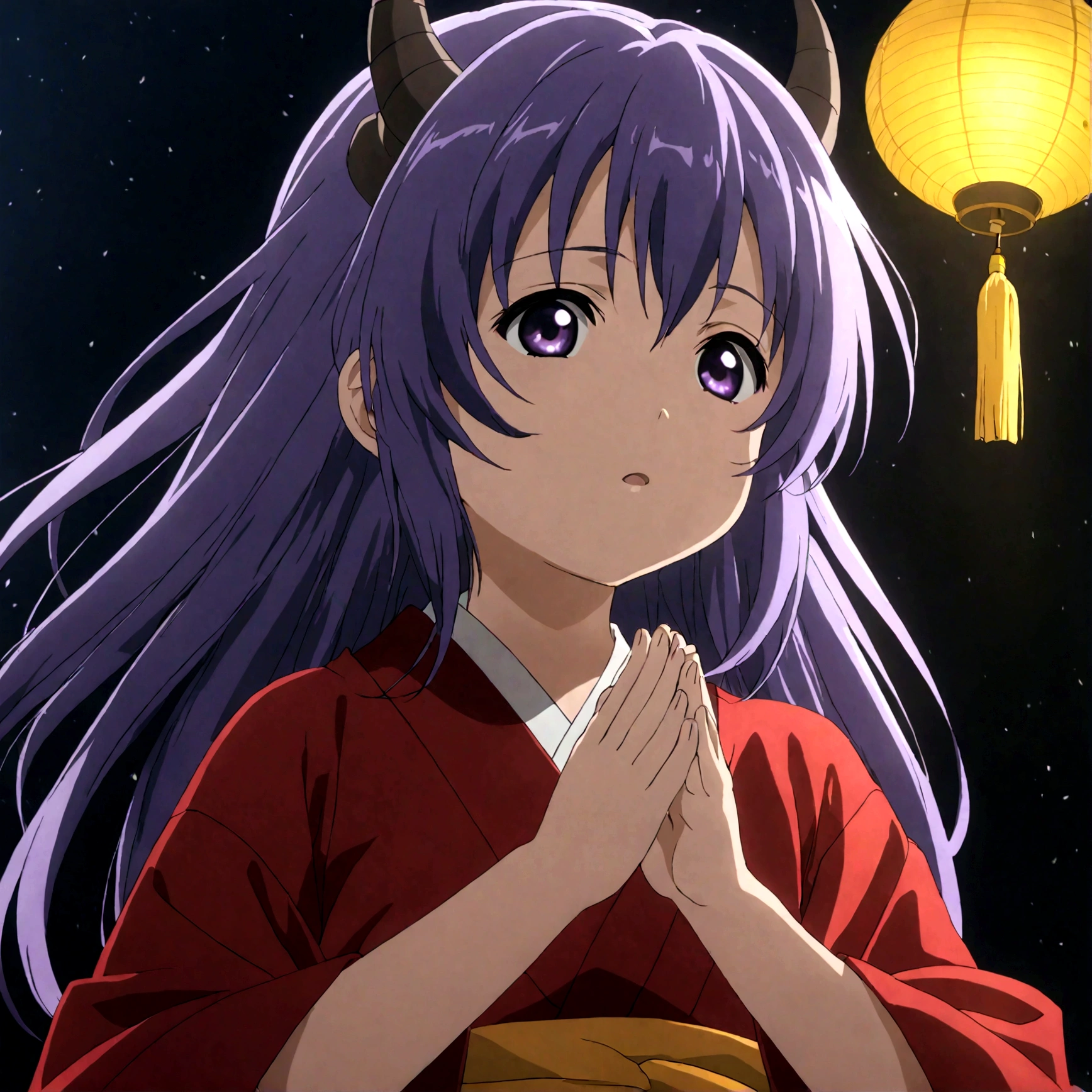 score_9, score_8_up, score_7_up, score_6_up, source_anime,BREAK , 1girl, hanyuu, solo, (tween:1.2), kawaii, ((horns)), medium breasts, purple eyes, purple hair, long hair, simple background, white background, japanese clothes, miko, skirt, hakama, hakama skirt, red detached sleeves, red hakama,Offering a prayer,Chanting a spell ,cinematic angle,,anime screencap, anime coloring,,(cinematic lighting,professional lighting),cinematic shadows,backlighting