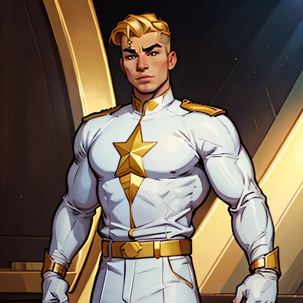 Cartoon of a white uniform superhero man with golden details