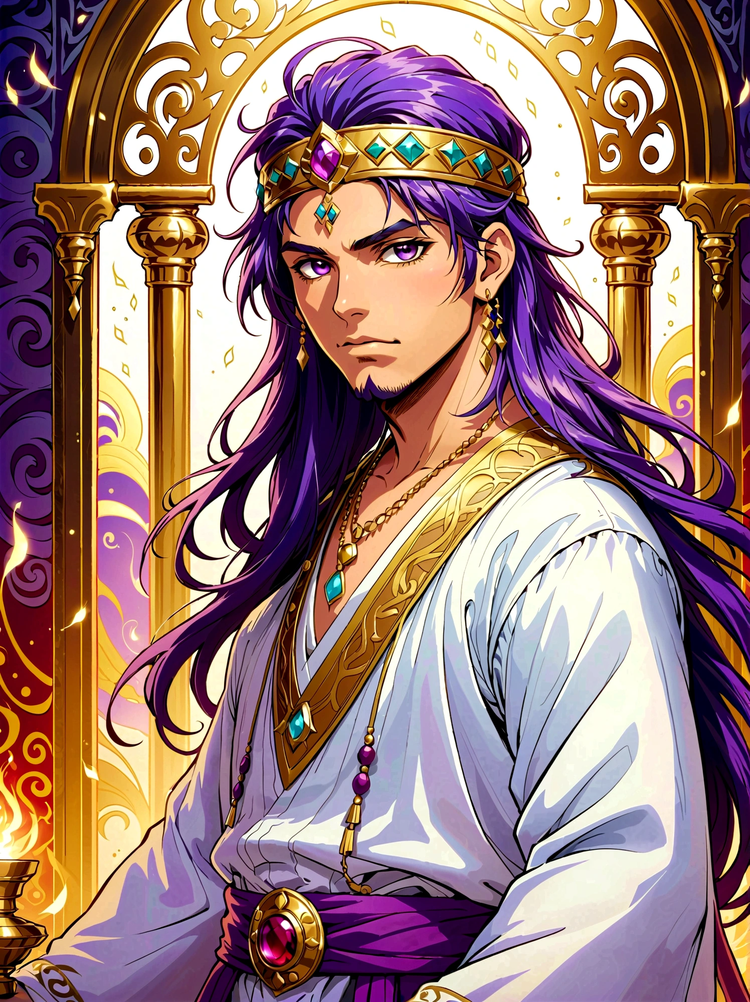 Japanese Manga "Magi: The Labyrinth of Magic", sinbad_adult_magi, 1boy, solo, Male focus, Looking at the audience, Jewelry，Purple Hair，Brown eyes，Long hair，Deep eyes,Handsome appearance and heroic temperament, Sinbad is usually dressed in fancy clothes., Wearing headdress and jewelry, Showing aristocratic majesty and elegance, He is tall and strong, Demonstrating his strong fighting ability and leadership style, masterpiece，Best quality，high quality