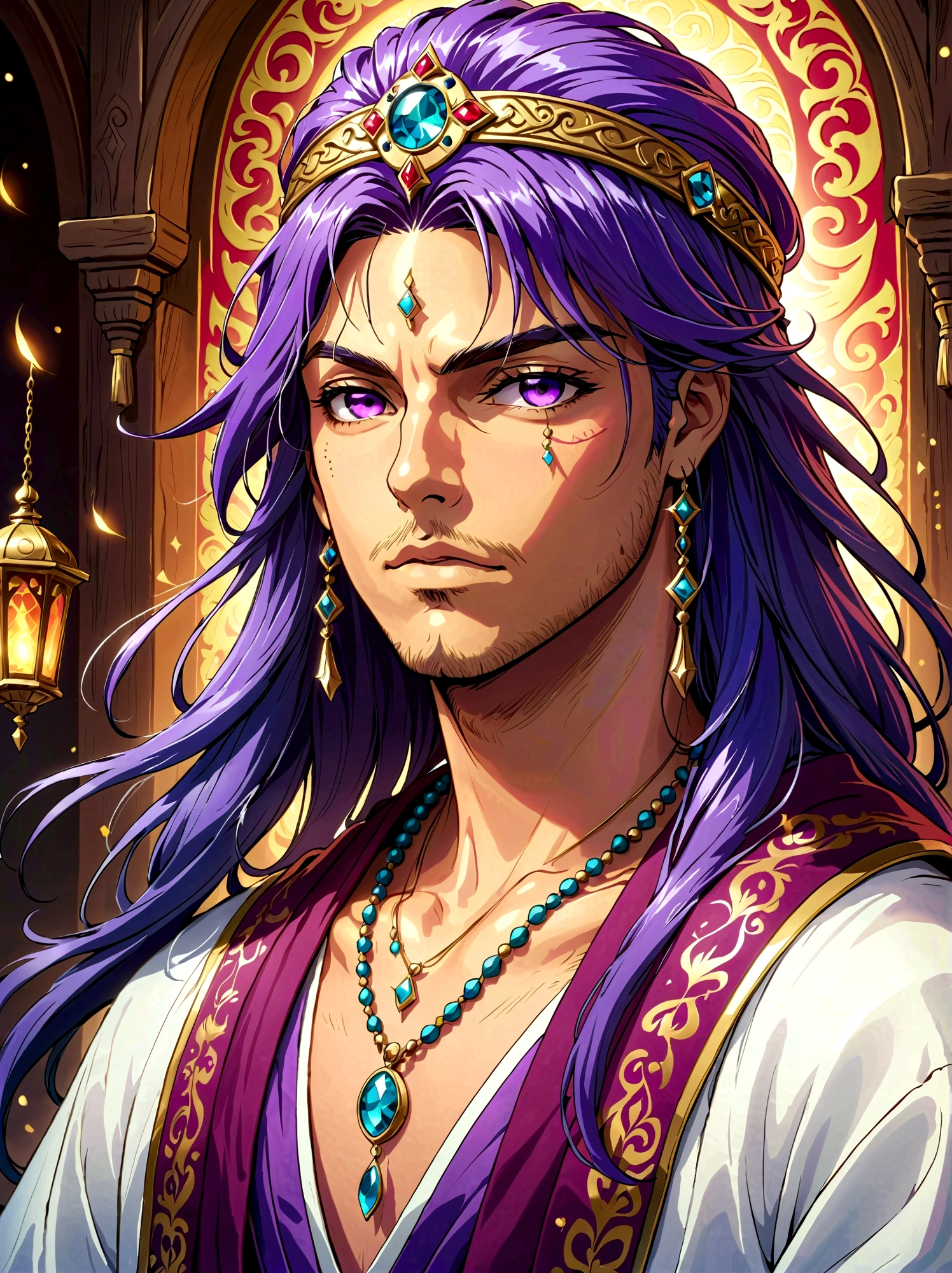 Japanese Manga "Magi: The Labyrinth of Magic", sinbad_adult_magi, 1boy, solo, Male focus, Looking at the audience, Jewelry，Purple Hair，Brown eyes，Long hair，Deep eyes,Handsome appearance and heroic temperament, Sinbad is usually dressed in fancy clothes., Wearing headdress and jewelry, Showing aristocratic majesty and elegance, He is tall and strong, Demonstrating his strong fighting ability and leadership style, masterpiece，Best quality，high quality
