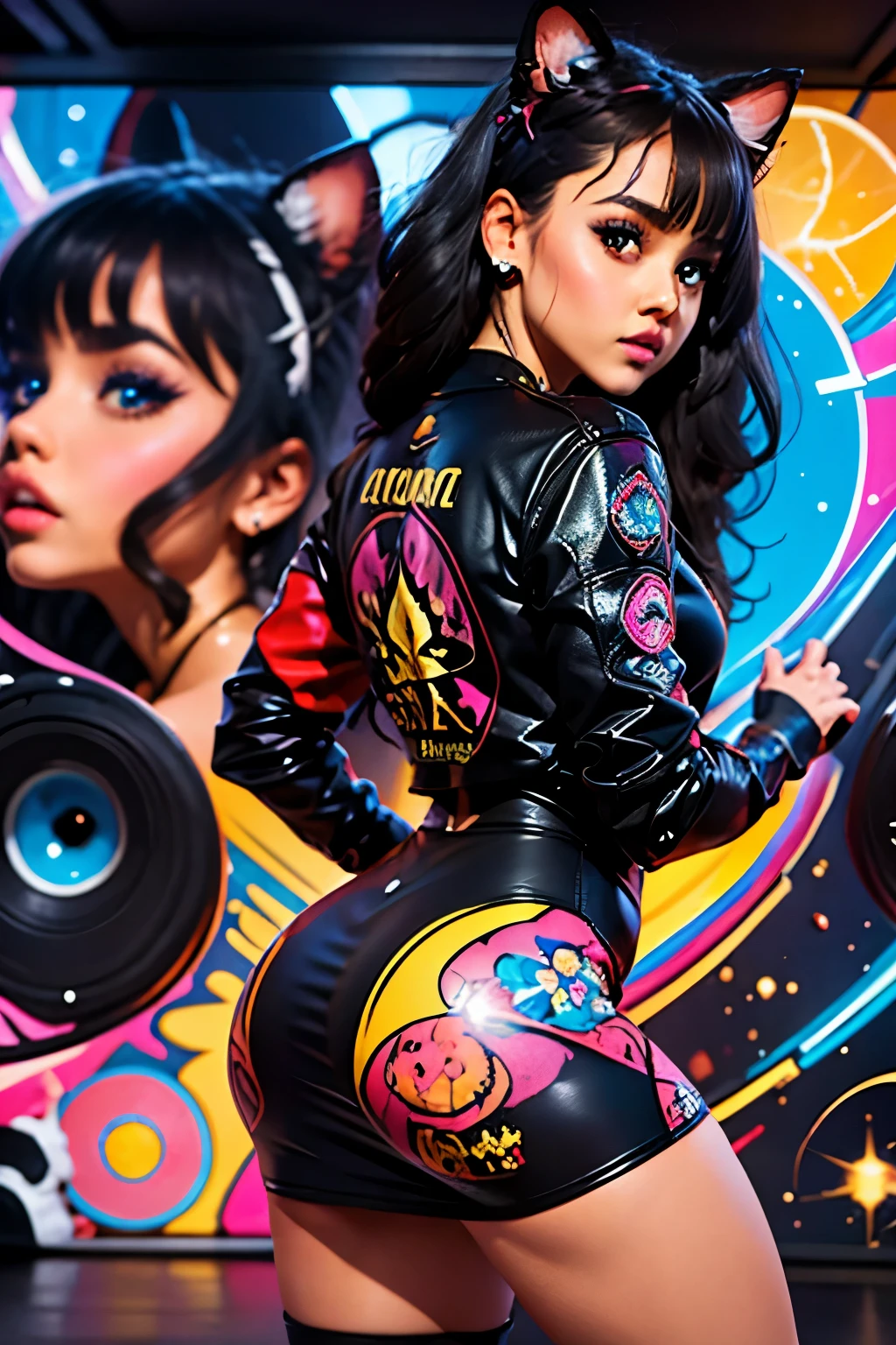 A girl with shine, cabelos coloridos vibrantes, wearing a bold, printed dress, surrounded by bold, comic book-style speech bubbles, graphic patterns. The background features a cityscape with skyscrapers and neon lights. The girl is making a confident pose with her hands on her hips, and she has expressive, exaggerated eyes and a wide smile. The art is created in a bold pop art style, with strong contours, swirly vibrant colors, and a retro comic book aesthetic. The image is of the best quality, With ultra-detailed features and vivid colors. The lighting is bright and emphasizes the strong colors and graphic elements of the artwork.