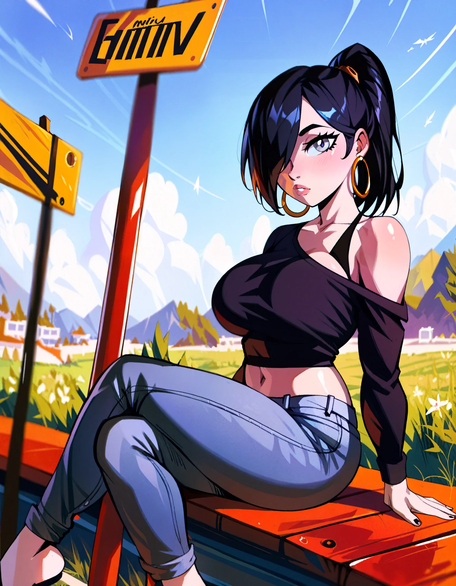 score_9, score_8_up, score_7_up, score_6_up, score_5_up, score_4_up, ((low depth of field)), , (beautiful landscape), BREAK woman sitting in a bus stand, 1girl, pale-skinned female, large breasts, grey eyes, black hair, ponytail hair, hair over one eye, hoop earrings, shirt, off-shoulder shirt, black topwear, jeans, looking at viewer, curious expression
