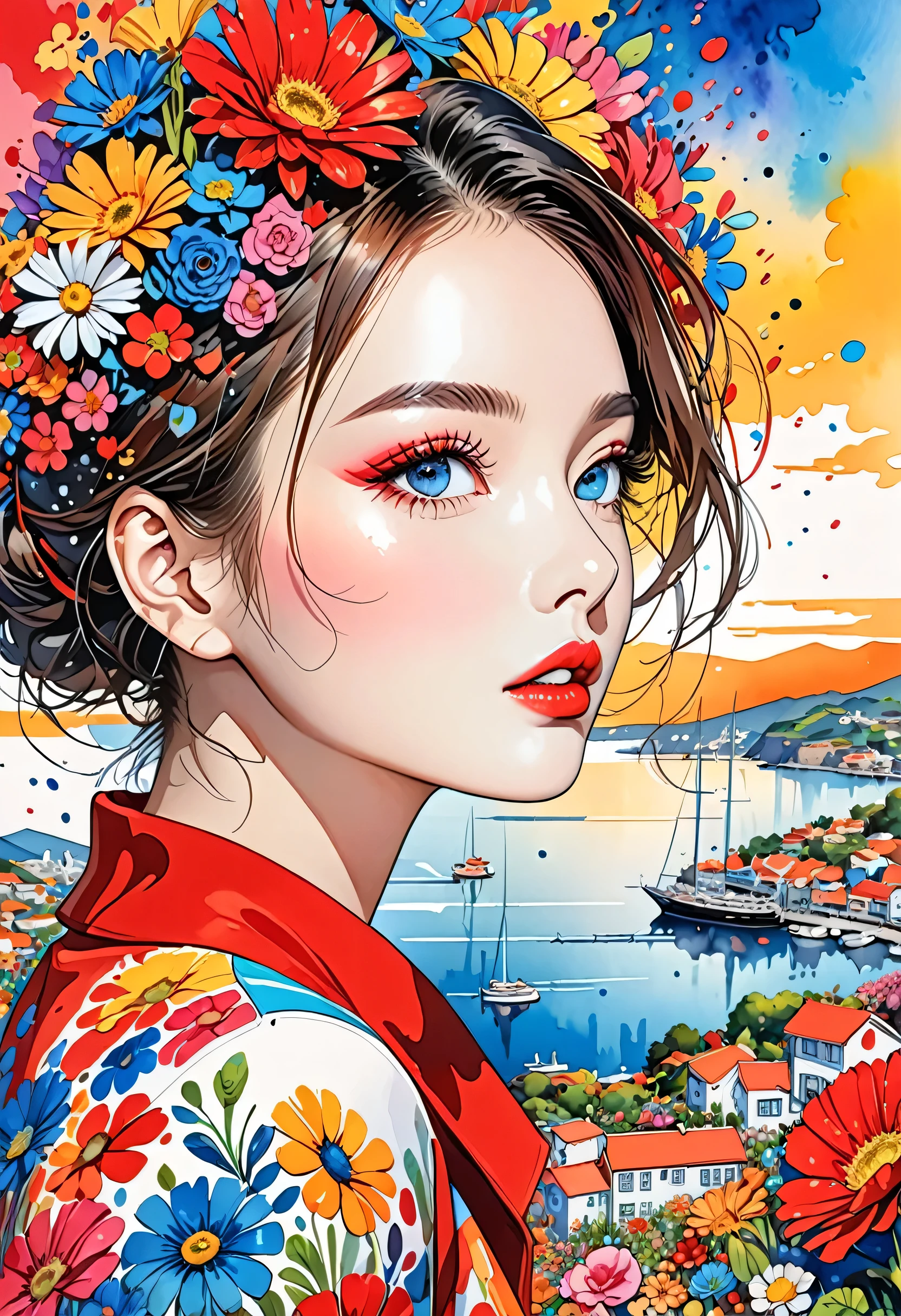 Black Star Red and White Style、(((stylish fashion))), 8K Quality、Intense watercolor, Detailed watercolor art, Watercolor splash, Surreal, avant-garde pop art, Beautiful and expressive paintings, Beautiful artwork illustration, Very colorful tones, wonderful, Cool beauty, highest quality、Official Art, Vector art, Stylish design, (((The most beautiful girl))), Lips in Love, (((highest quality))), HDR, ((detailed)), (((Doodle Art)), ((masterpiece)), ((Super detailed)), (((Colorful flowers))),(((Stylish))), Harbor View Hill