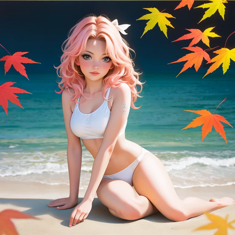 (8k, best quality, masterpiece:1.2),(best quality:1.0), (ultra highres:1.0), pencil colors, Pamela Anderson, shoulder, hair ribbons, by agnes cecile, full body photography, extremely luminous bright design, pastel colors, (ink:1.3), autumn lights