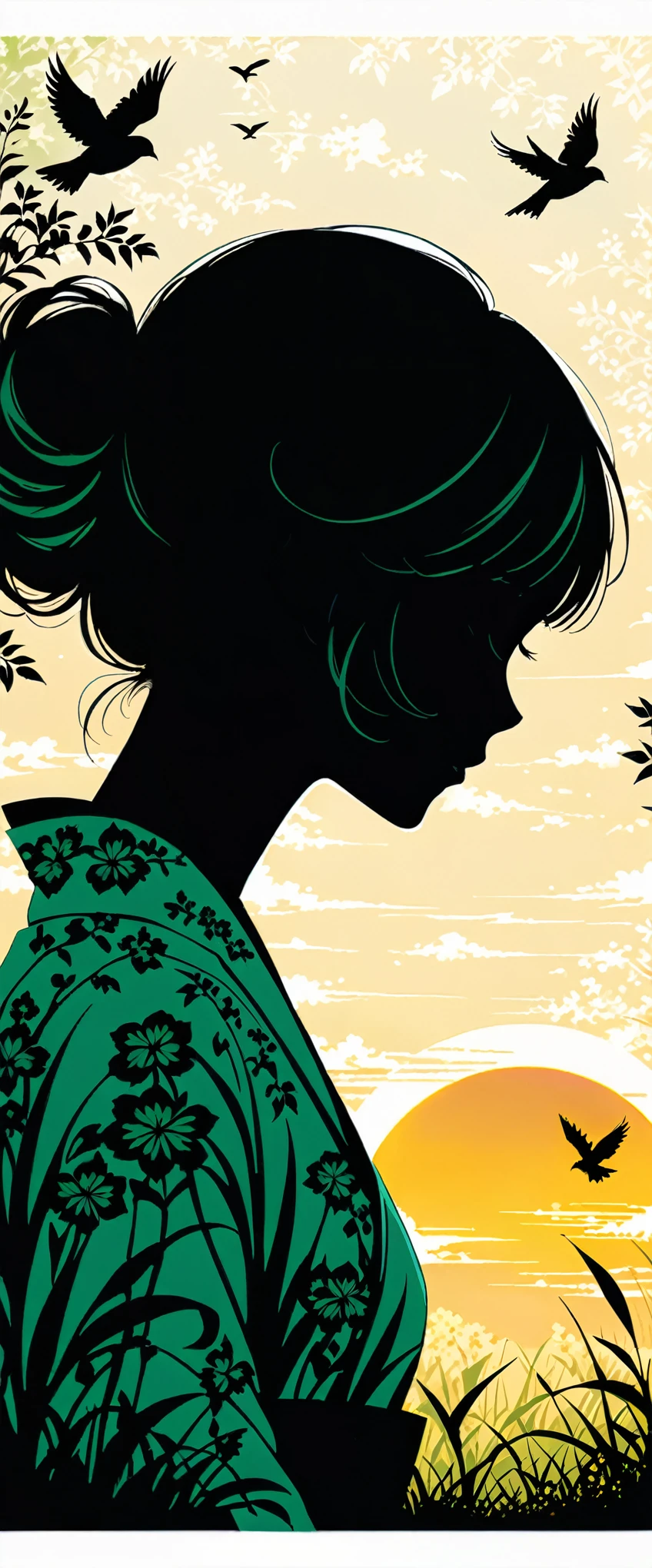 (Silhouette Art,cutouts:1.6) (((Paper cutting art,A world where only black exists:1.3) (Cowboy Shot),1 girl,Solo, (Kimono Girl,profile:1.2),white, Clear and beautiful face,Sunrise behind break (morning glow、Viola　green grass:1.1) Textured glass background,