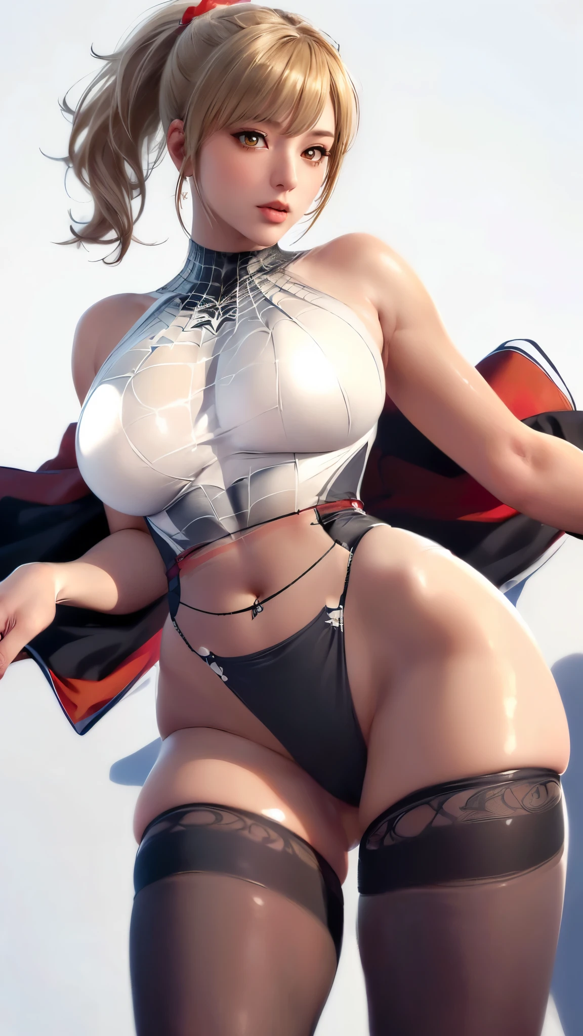 (((Perfect body,White and tender skin,(((spider man,black Spider Man costume,spider tights,(red cloak:1.2)))),(((blonde hair, Bangs, hair accessories, ponytail, yellow eyes, orange eyes, hair between eyes,))),((masterpiece)),highres,((Best quality at best)),masterpiece,quality,Best quality,((( Exquisite facial features,Looking at the audience,There is light in the eyes,(((Open your mouth,Separate your lips,ahegao,Sticking out tongue)))))),(((Light and shadow,Huge breasts,plump ass))),(((Looking at the camera,White background,Sitting astride,Open your legs,Camera from bottom to top,低头Looking at the camera))))