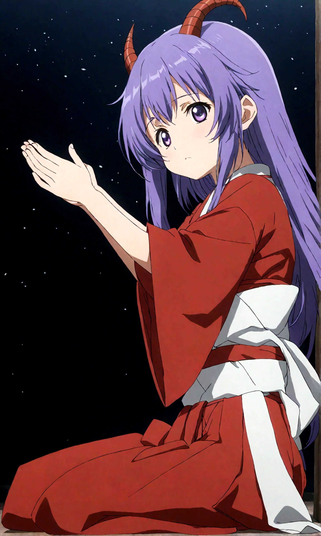 score_9, score_8_up, score_7_up, score_6_up, source_anime,BREAK , 1girl, hanyuu, solo, (tween:1.2), kawaii, ((horns)), medium breasts, purple eyes, purple hair, long hair, simple background, white background, japanese clothes, miko, skirt, hakama, hakama skirt, red detached sleeves, red hakama,Offering a prayer,Chanting a spell ,cinematic angle,,anime screencap, anime coloring,,(cinematic lighting,professional lighting),cinematic shadows,backlighting