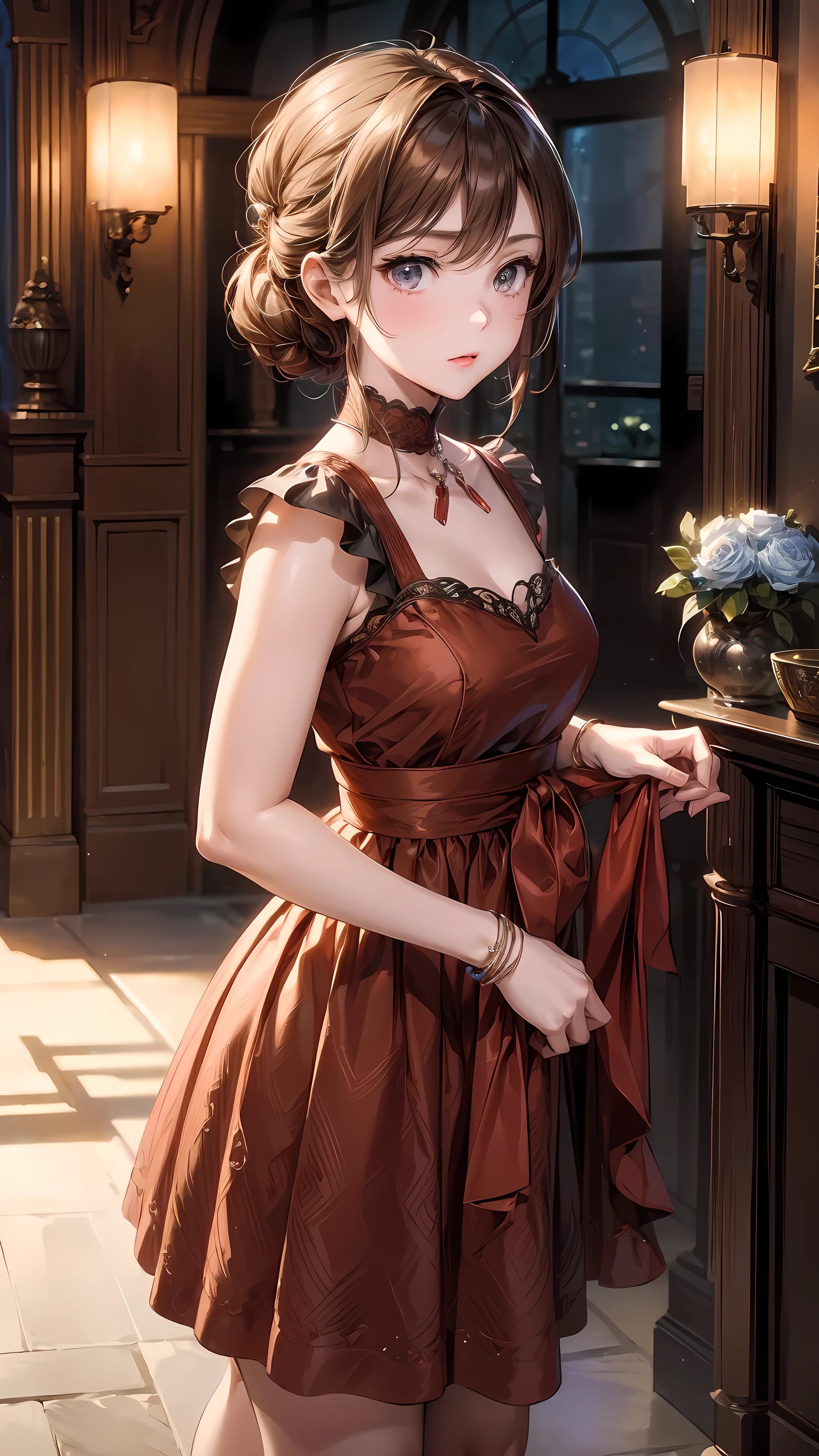 A lady in a brown dress is standing in the room, Actress, return, Actress 👀 :8, Play Style:Square Enix, Sayori, Amano Ayami Kojima, Inspired by Fukahori Rusuke, Kojima De Ami, Xin Jiacheng, Arimura Kasumi Style 3/4, Female characters, Flower Moon
