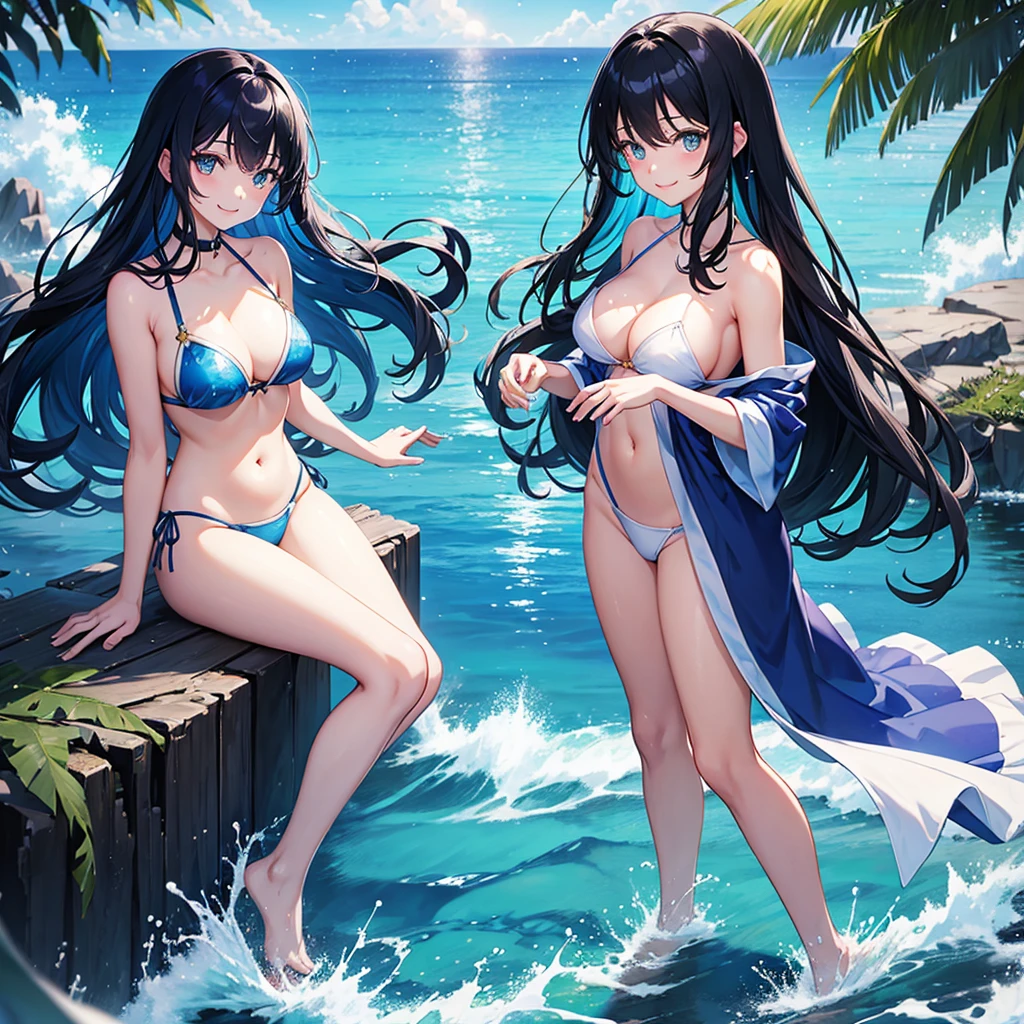 anime、Vibrant colors、Beauty、20 years old、Black Hair、Long Hair、Calm、Bright eyes、Sparkling eyes、smile、Large Breasts、blue sky、rainbow、Ocean、1000 water particles、Clear water flows like a waterfall