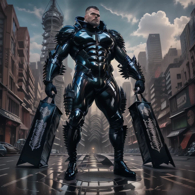 (masterpiece. official art. 8k. best quality. detailed full body. full body.)
(situation 1 : dominating man. man is over 1000 meters long. focus GIANT mechanical Muscular man is trampling the city. Looking down. macro. stomp. Low-angle perspective. emphasizing the immense size.)
(Additional details 1: wearing latex Giant Muscle Suit. black latex sculpt, hr giger muscles, hard rubber chest, rubber suit, black rubber suit, bodybuilder body. giger muscles, powerful and huge)