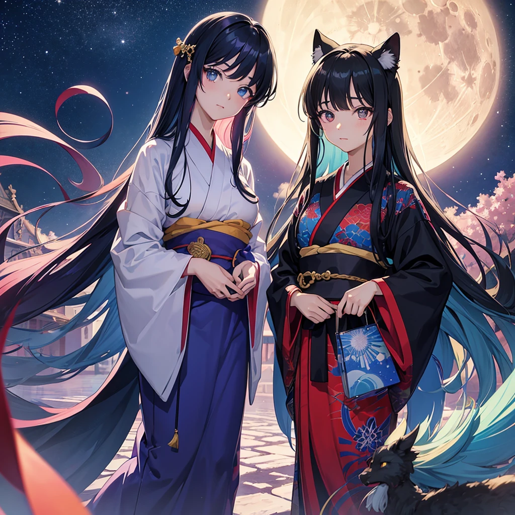 anime、Vibrant colors、Cool beauty、17 years old、Black Hair、Long Hair、Straight Hair、The bangs are cut above the eyebrows、Narrow eyes、Slanted Eyes、Bright eyes、Sparkling eyes、Large Breasts、Night Sky、full moon、sky blue kimono