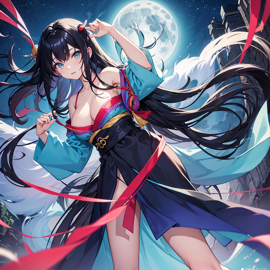 anime、Vibrant colors、Cool beauty、、Black Hair、Long Hair、Straight Hair、The bangs are cut above the eyebrows、Narrow eyes、Slanted Eyes、Bright eyes、Sparkling eyes、Large Breasts、Night Sky、full moon、sky blue kimono