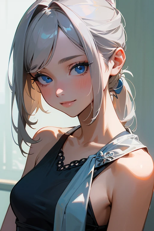 (masterpiece: 1.2, Highest quality), (Actual Photos, Intricate details), 1. woman, alone, Upper Body, casual, Shoulder-length hair, Minimal makeup, Natural materials, Face close-up, smile, Home, Gray Hair, blue eyes, Shoulder Bare、ponytail、(White swimsuit)、(From the waist up).