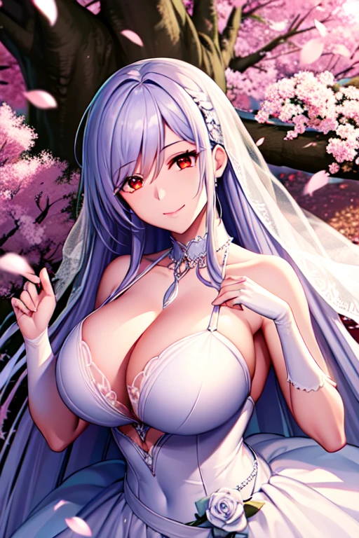 1 girl, Long silver hair, Red eyes with elongated pupils, Big ample breasts, masterpiece, highest quality,  Proportional body, Proportional, Wedding dress, 白いWedding dress, Long skirt, wedding style, Against the background of cherry trees, Cherry blossom petals falling, Lying down, Outdoor, wedding style, Upper Body, The sky is beautiful, holding a bouquet of flowers in both hands,  (Light_smile:1.5),