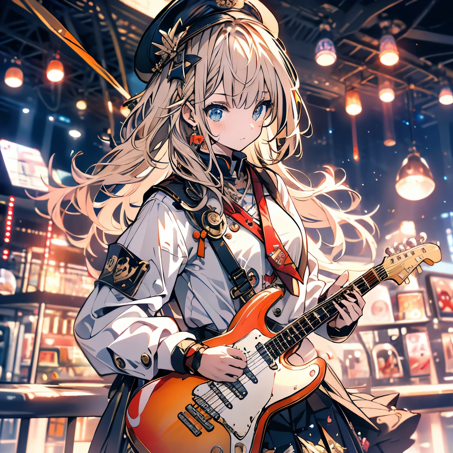 masterpiece、top-quality、High-quality images、hight resolution、8K、1womanl、the detail、Photorealsitic、Lustrous hair、skin gloss、Detailed eye depiction、Platinum Blonde Long Hair、Deep Blue Eyes、rock band、guitarrist、Black Leather Stage Costume、a miniskirt、concert、spot light、fanaticism、Music