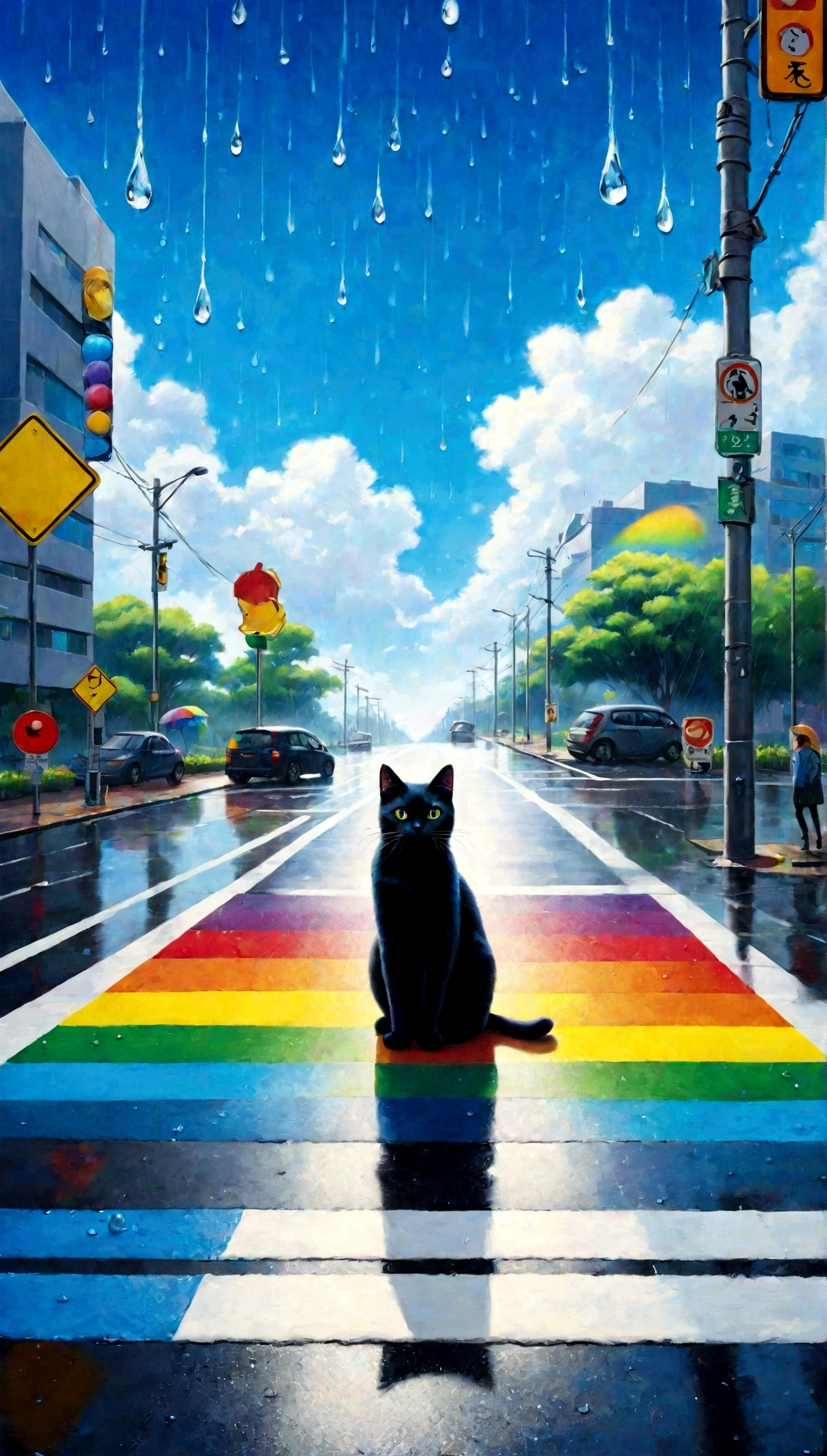 blue sky，Rainbow-colored，Raindrops，pedestrian crossing，Black cat crossing,and white cat