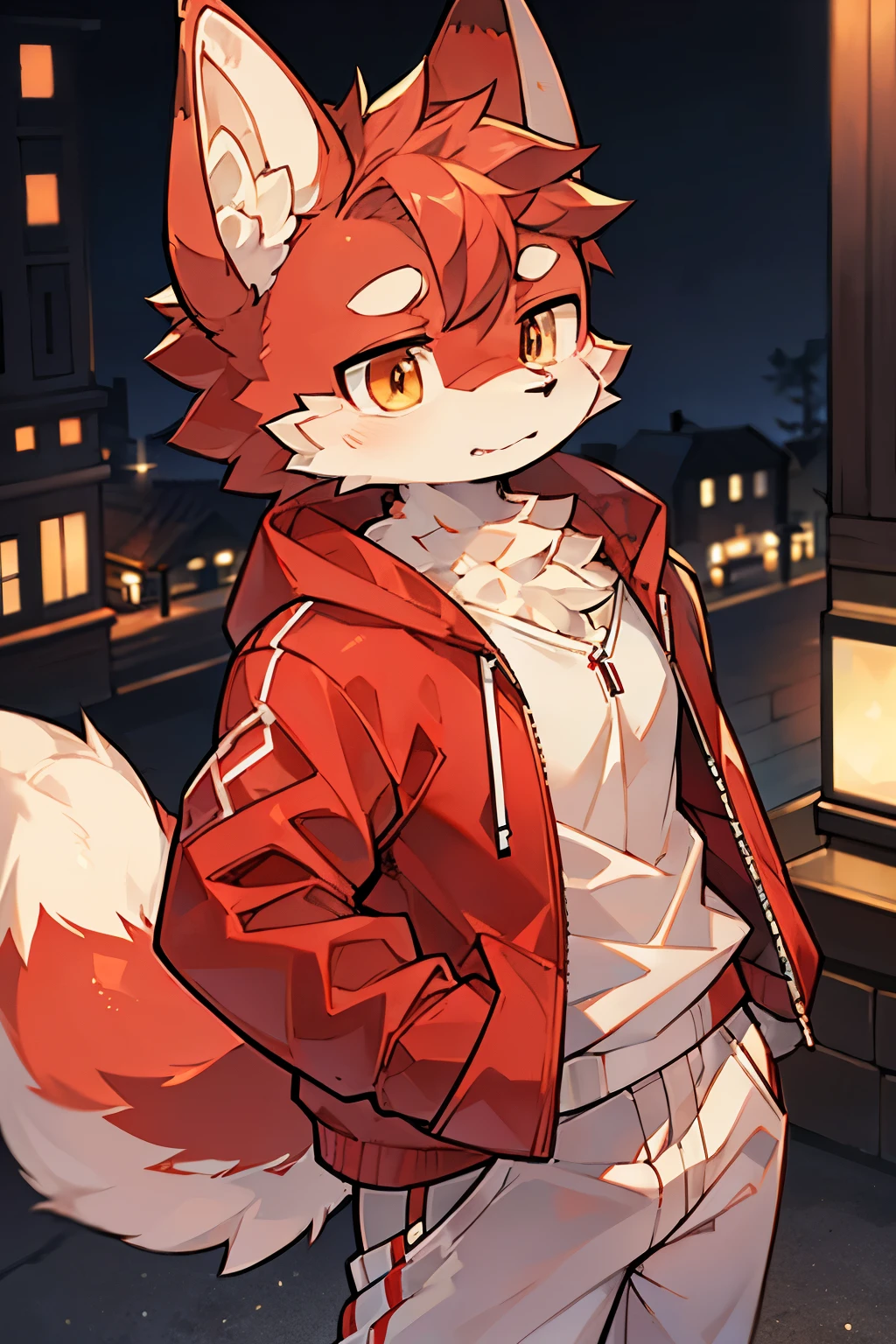 Exquisite lines，best quality。Muscular body, young,全身Red fur,Red fur,Body tearing, head tilted to one side,night,Standing on a busy street,Beautiful city sky, Wear a white sweatshirt, ，White trousers，wolf furry character,Golden pupils