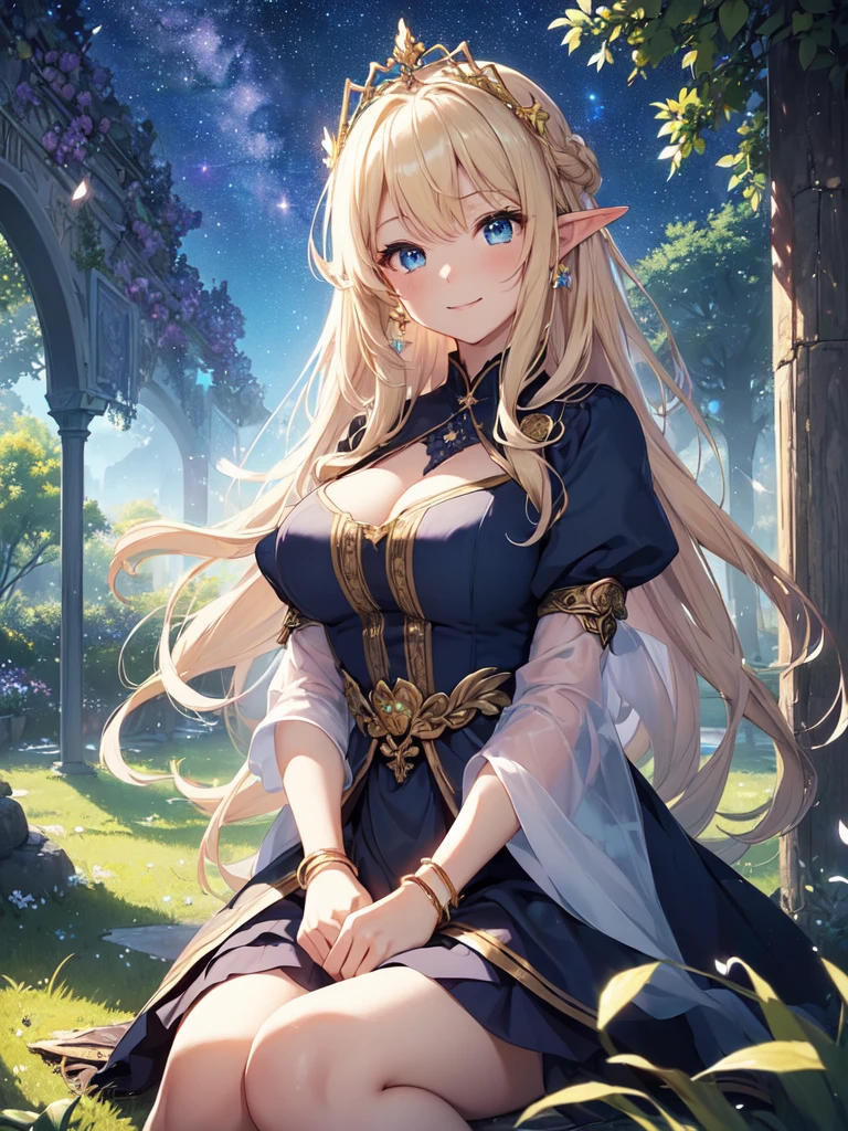 top-quality、Top image quality、​masterpiece、The season is autumn、girl with((20yr old、Best Bust、big bast、Bust 90,Beautiful blue eyes、,Blonde long hair、A slender、Fairy feathers、In beautiful dresses of various colors、a closeup、sitting on、magic harp、Gold ring on wrist、beautiful tiara、hiquality、Beautiful Art、Background with((starrysky)))masutepiece、visualart、depth of fields、sky at night、、　、low angles、A sexy、Elven ears、Feathers glow in iridescent colors、light magic、in beautiful woods、Big treeid night、Flute melodies🎵、Fun Concerts、Happy smile、Gentle light、Magic Palace  花、Iris Garden
