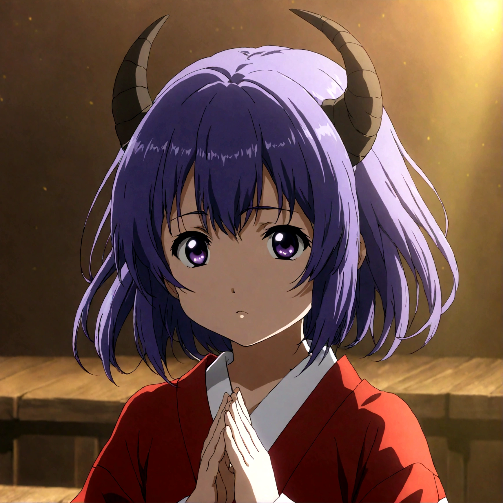 score_9, score_8_up, score_7_up, score_6_up, source_anime,BREAK , 1girl, hanyuu, solo, (tween:1.2), kawaii, ((horns)), medium breasts, purple eyes, purple hair, long hair, simple background, white background, japanese clothes, miko, skirt, hakama, hakama skirt, red detached sleeves, red hakama,Offering a prayer,Donning a divine radiance ,straight-on,,anime screencap, anime coloring,,(cinematic lighting,professional lighting),cinematic shadows,backlighting