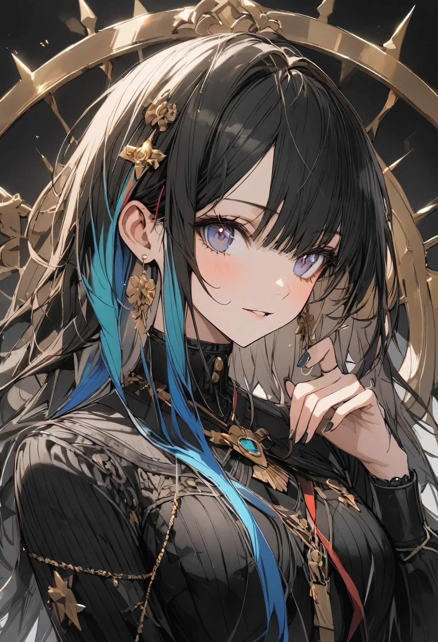 One girl, multicoloRedhead, Inner hair color, Black Hair, Redhead, Blue Hair, Green Hair, Symbol-shaped pupil, Super detailed, Attention to detail, high quality, Awards, 最high quality, High resolution