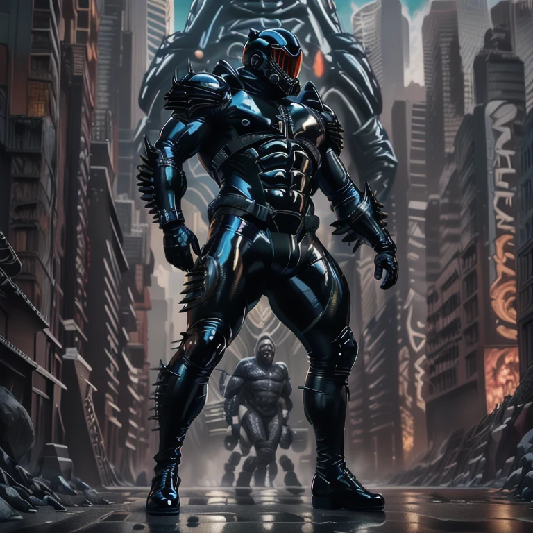 (masterpiece. official art. 8k. best quality. detailed full body. full body.)

(situation 1 : dominating man. man is over 1000 meters long. focus GIANT mechanical Muscular man is trampling the city. Looking down. macro. stomp. Low-angle perspective. emphasizing the immense size.)

(Additional details 1: wearing latex Giant Muscle Suit. black latex sculpt, hr giger muscles, hard rubber chest, rubber suit, black rubber suit, bodybuilder body. giger muscles, powerful and huge) Wears a helmet in the shape of Venom.