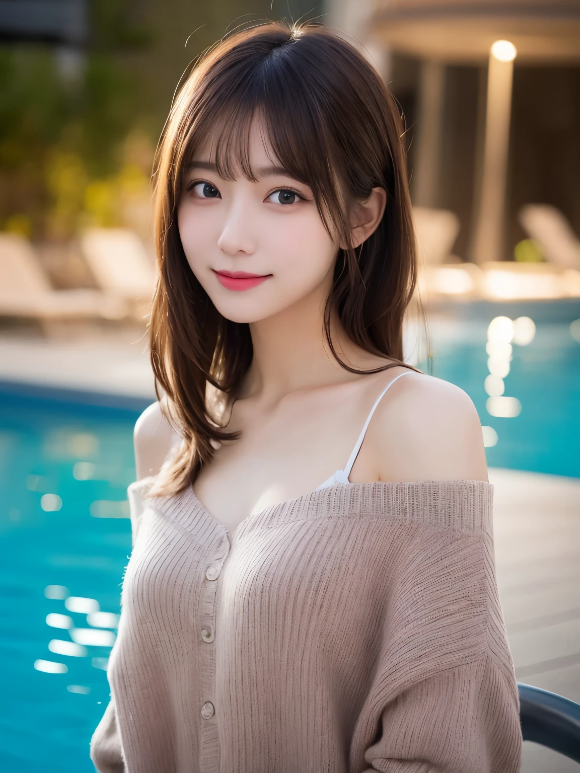 masutepiece, Best Quality, Illustration, Ultra-detailed, finely detail, hight resolution, 8K Wallpaper, Perfect dynamic composition, Beautiful detailed eyes, doress,Medium Hair, mid-chest, Natural Color Lip, Random and sexy poses,Smile, Blurred night pool background、20 years girl、Colossal 、Too much exposure、No shoulder knitwear（red）、Exposing the chest、Slid、I keep my hair tied up