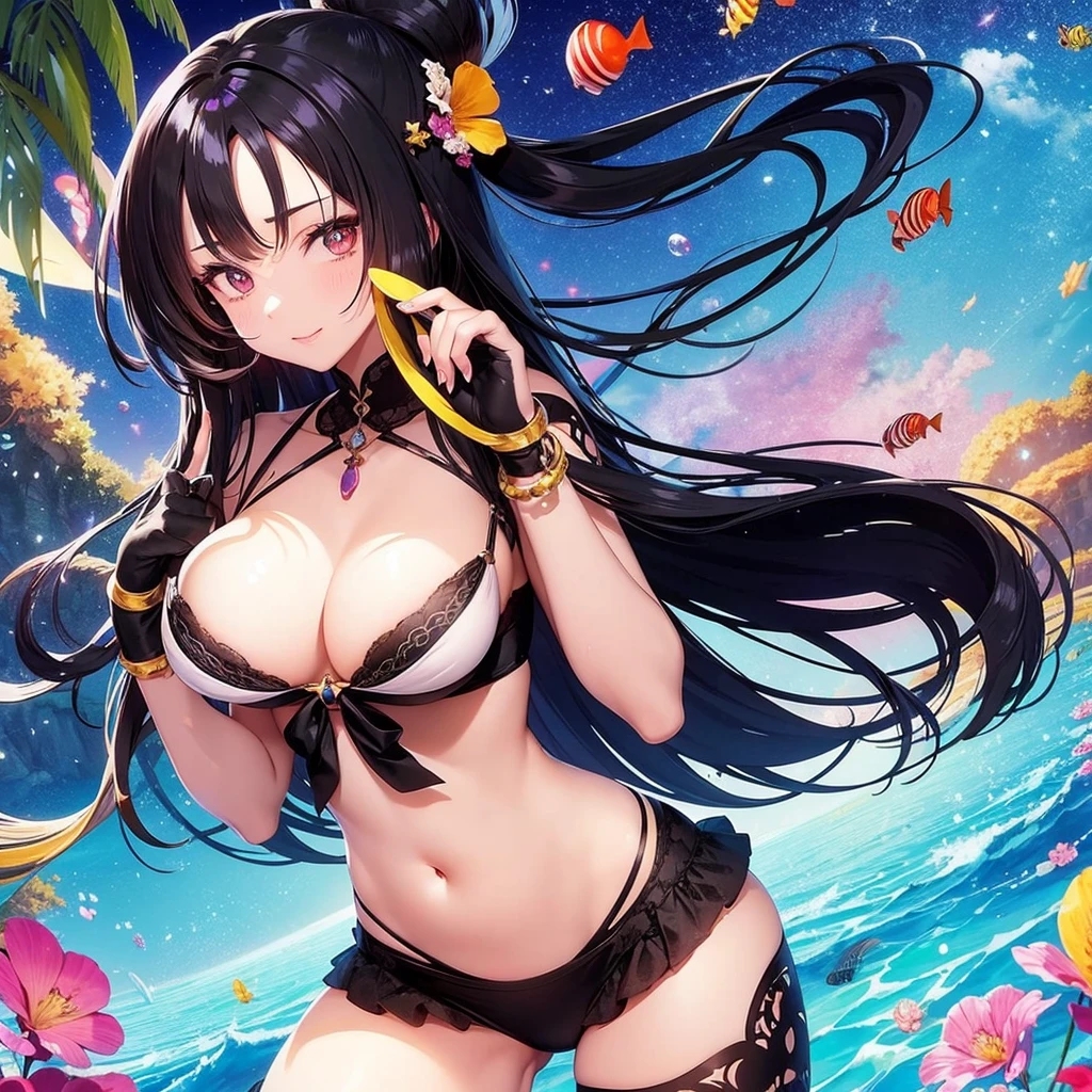 anime、Vibrant colors、Cool beauty、Moon Goddess、、Black Hair、Long Hair、Straight Hair、The bangs are cut above the eyebrows、Narrow eyes、Slanted Eyes、Bright eyes、Sharp Eyes、Sparkling eyes、Large Breasts、In the sea with beautiful coral、100 small tropical fish、Sunshine、1000 glowing particles、rainbow、Old Temple