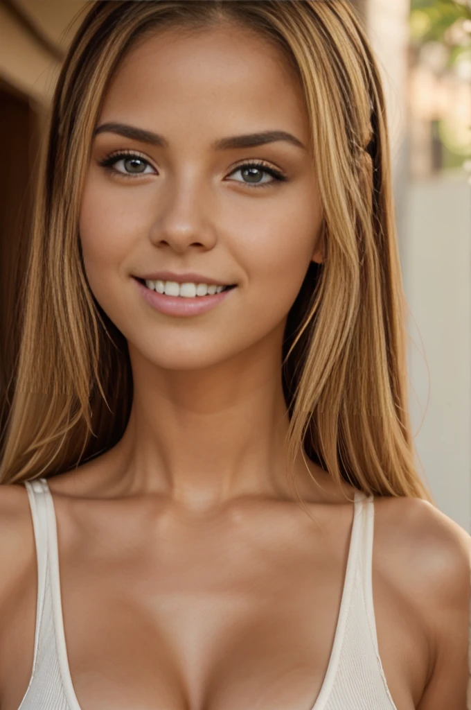 (ULTRA ALTA DEFINICION, LA MAS ALTA CALIDAD, 16K, FULL REALISMO, ROSTRO DETALLADO, OBRA MAESTRA) 22 year old tanned GIRL.. ,Diosa rubia, hermoso cuerpo y cara, ojos verdes, modelo con curvas, hermosa rubia morena, senos masivos, Copa G, shiny ojos verdes, Trasero de burbuja, cuerpo perfecto and symmetrical perfect face, Hermosa chica modelo, CHICA RUBIA, Mujer preciosa, cuerpo perfecto, 22 year old female model, grueso, cuerpo perfecto, Belleza asombrosa, perfil, tan, reloj de arena fisico, looking directly at the camera, Camera shot from chest to head., de cerca en la cara, Toma frontal looking to the camera., looking to the camera, Los ojos deben estar looking to the camera., Slight head tilt, autofoto, autofoto looking at camera, cute autofoto for instagram, Seguro para el trabajo, primer plano en la cabeza, de cerca en la cara, sonrisa coqueta y sensual, mirada provocatiba