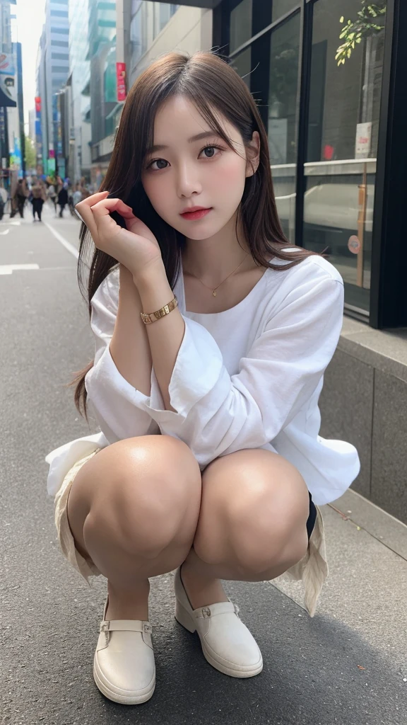 In detail, High resolution, high quality、Perfect dynamic composition, Beautiful fine details, Medium Hair, 、Natural color lip,Kamimei、Shibuya Ward、20-year-old girl、1 person、Clear Skin、Shiny Hair、Tabletop, 最high quality, figure, Super detailed, In detail, High resolution, 8k、The correct state of the human body、squat、Sculpture model pose,Hair dancing in the wind