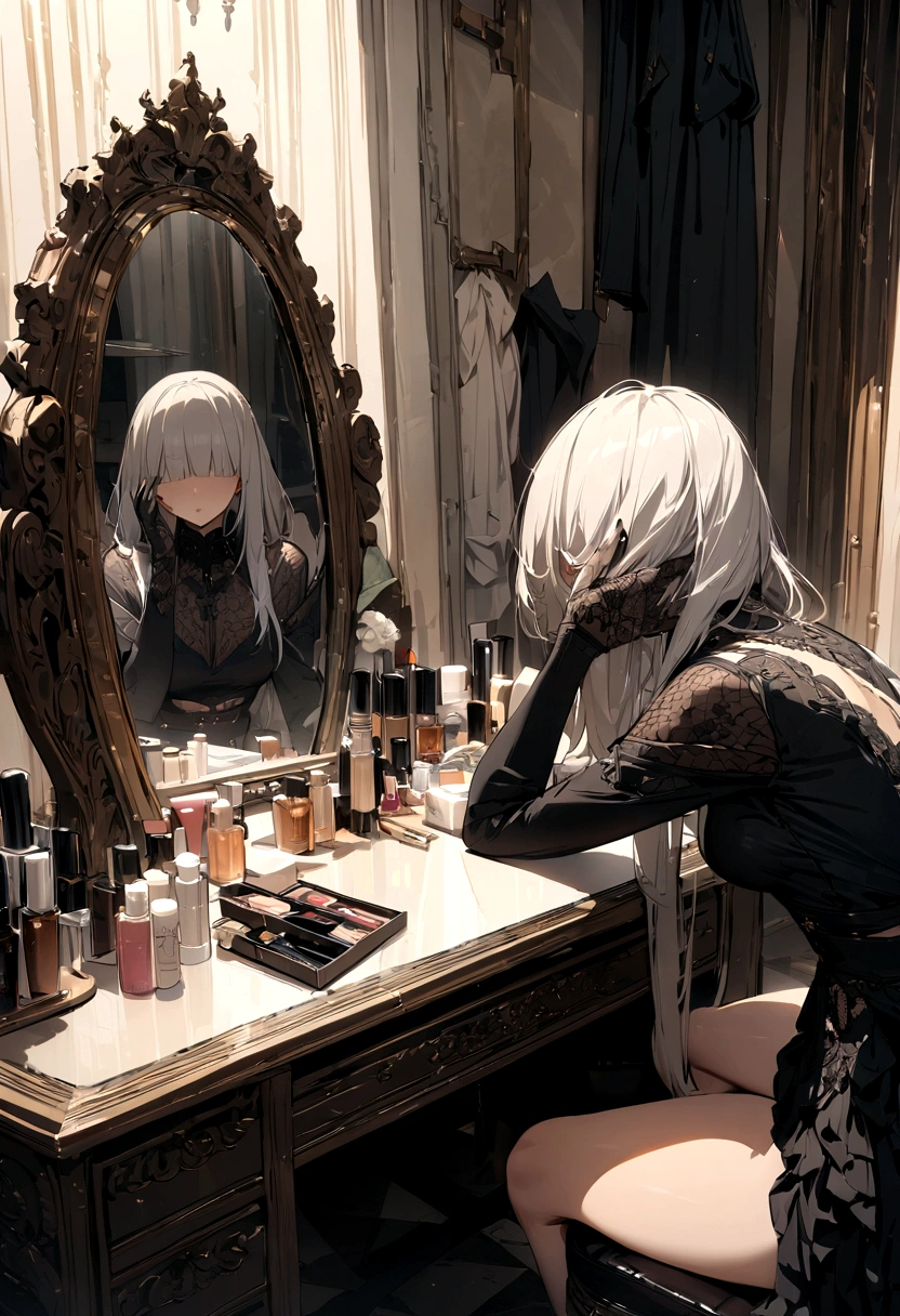 masterpiece, best quality, high resolution, hd, ultra detaills, makeup table, mirror, woman sitting in front of the mirror, reflecting her faceless face