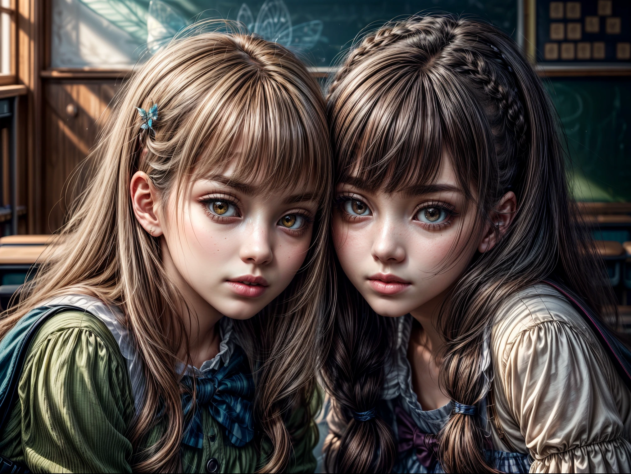 masterpiece, (photorealistic:1.4), (((2girls classroom, brunette AND ginger, pretty girls))), beautiful, beautiful faces, aesthetic, cinematic, indoors, best quality, super high res, seated together, (((dollpunk and fairy kei)))candid, beautiful and realistic faces, ultra realistic faces, accurate ultra realistic faces, ultra - realistic faces, two girls, ultrarealistic uhd faces, extremely realistic faces, beautiful highly symmetric faces, hyper realistic faces, photorealistic faces