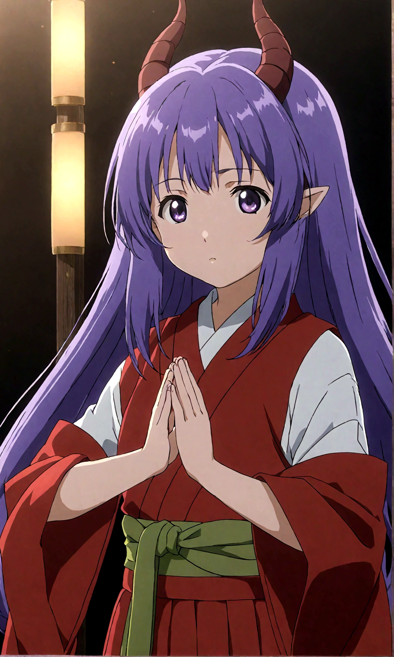score_9, score_8_up, score_7_up, score_6_up, source_anime,BREAK , 1girl, hanyuu, solo, (tween:1.2), kawaii, ((horns)), medium breasts, purple eyes, purple hair, long hair, simple background, white background, japanese clothes, miko, skirt, hakama, hakama skirt, red detached sleeves, red hakama,Offering a prayer,Donning a divine radiance ,straight-on,,anime screencap, anime coloring,,(cinematic lighting,professional lighting),cinematic shadows,backlighting