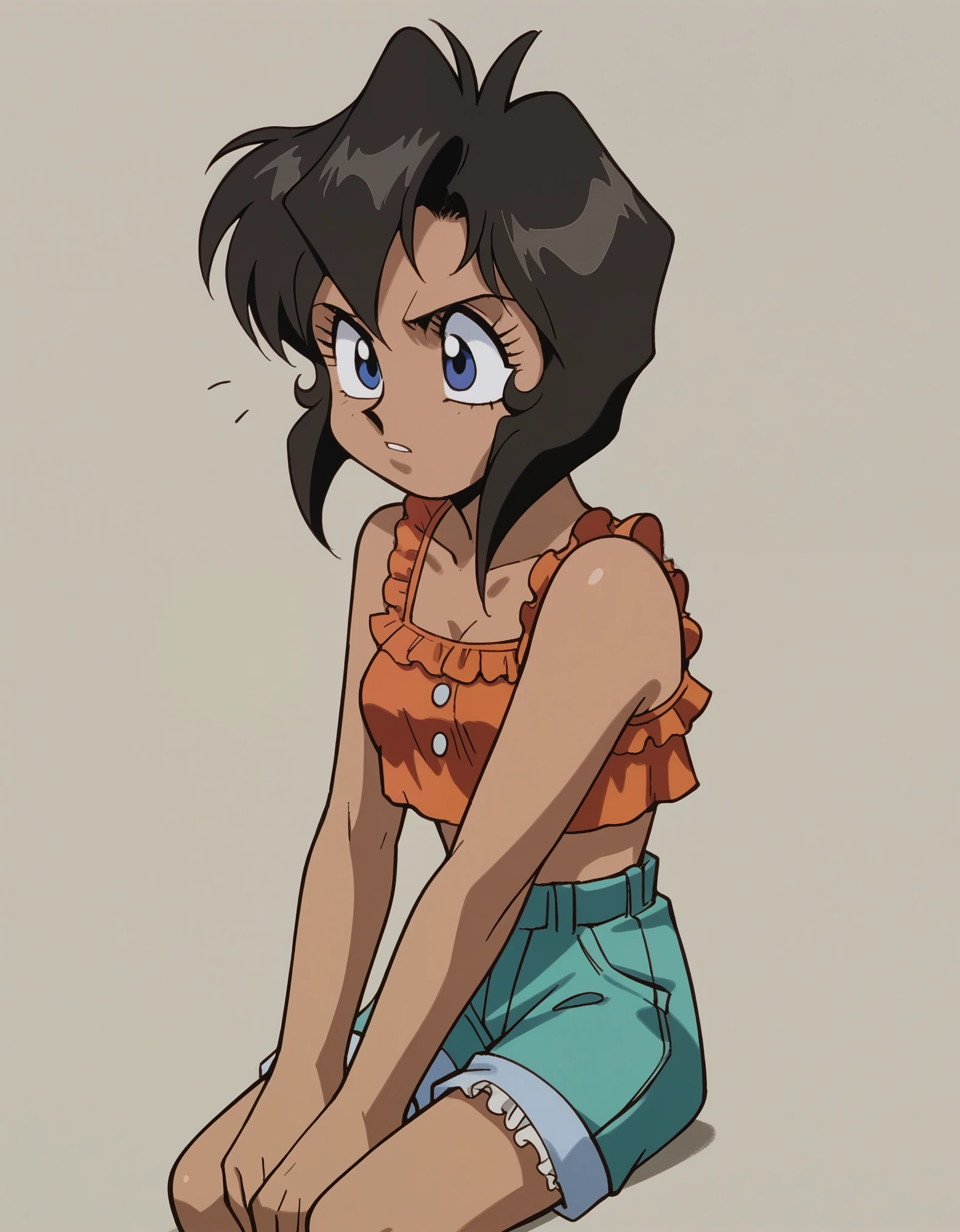 zPDXL, score_9, score_8_up, score_7_up, source_anime, 1girl, solo,
 gnsmth, rally, dark-skinned female, black hair, blue eyes, short hair , speaking, talking, knees_to_chest, wearing Fringed leather crop top, beaded buckskin shorts, beaded headband, moccasins with beadwork, rattle,