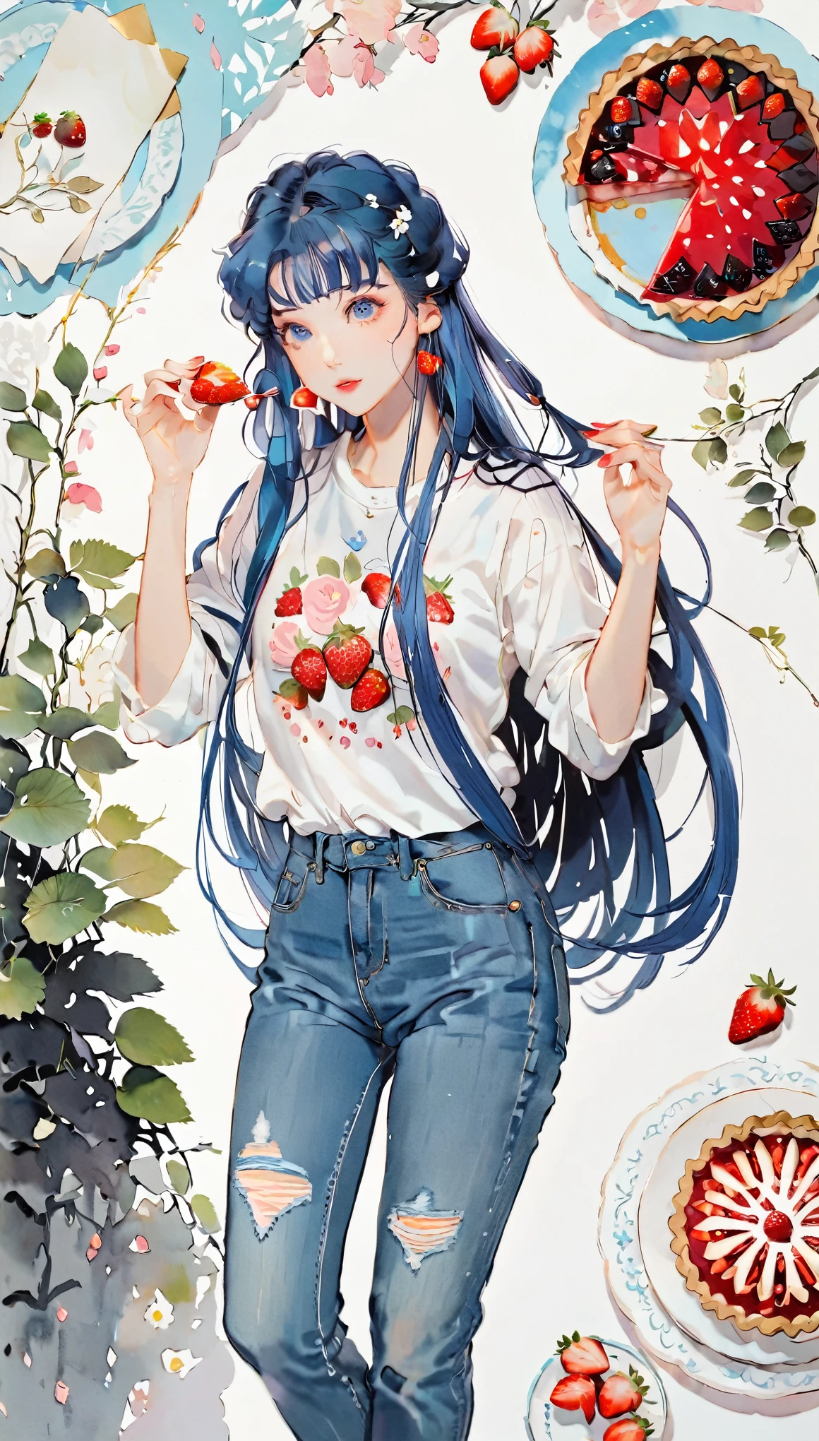 (((paper cutting style))), 1 girl, blue hair, straight long hair, portfolio, shirts, denim, strawberry pie