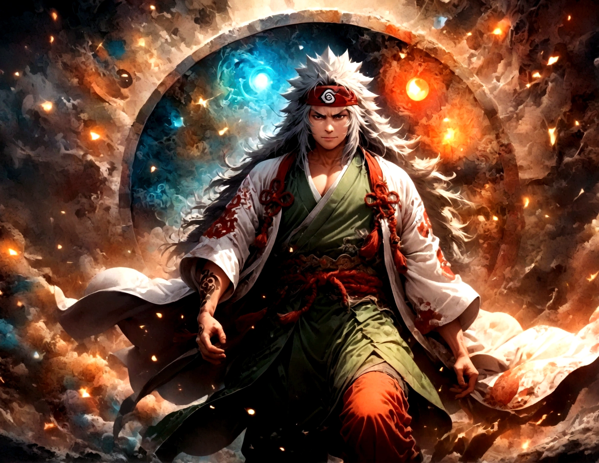 (1 middle-aged male,Jiraiya,Gray Hair,Green kimono,White Haori),alone,comics『Naruto』character,,Use of magic,Fighting Style,Sarcastic smile,Magical Effects,Enjoy the fight,Moderately dirty,tattoo,Forehead protector,A fusion of abstract and digital art,Dynamically,Perfect composition,Anatomically correct,,Intricate details,Wide range of colors,artwork,rendering,,(highest quality:1.4),(Very detailed:1.5),High resolution,Very detailed,unity 8k wallpaper,Intricate details,Carefully draw down to the smallest detail,Draw artistic background,Yin and Yang,Five elements,ninjutsu,