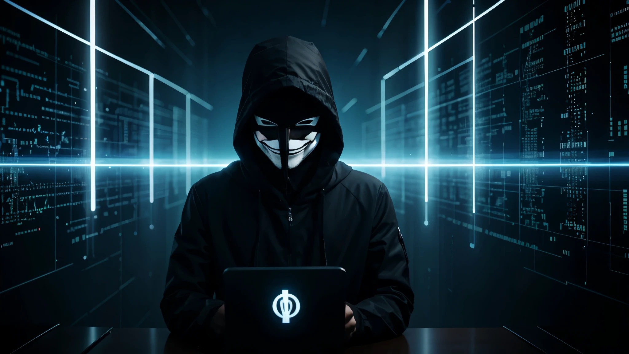 Anonymous hacker, surrounded by a network of glowing data