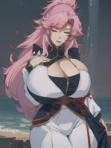 Taoqi,Taoqi charakter showing her huge breasts, very Huge tits,Large plunging neckline,White clothes ,large breasts, gigantic breasts,a close up of a person with pink hair and a pink wig, waifu,, ayaka game wuthering Waves, tai costume, Taoqi from wuthering Waves, ,manga art style,