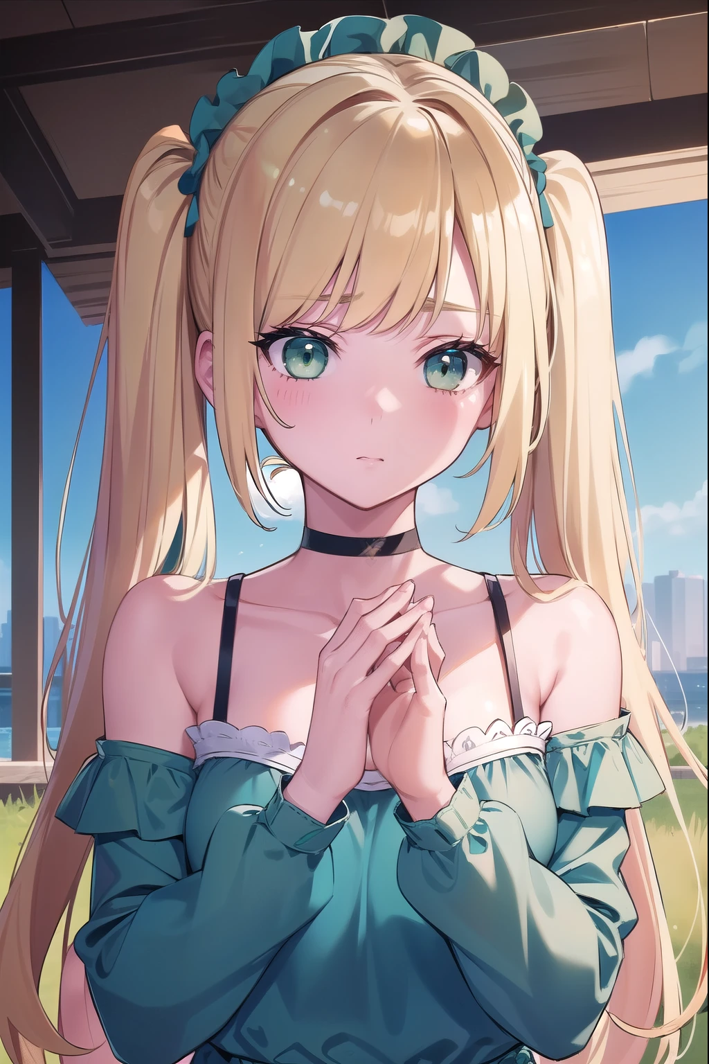 Blonde Hair, choker, (Green Eyes:1.5), Long Hair, Twin tails hair, break bare shoulders, , blush, blush stickers, Cleavage, clavicle, Have, Off the shoulder, (Blue clothes:1.5), break looking at viewer, break outdoors, city, break (masterpiece:1.2), highest quality, High resolution, Unity 8k, (figure:0.8), (Beautiful fine details:1.6), Highly detailed face, Perfect lighting, Highly detailed CG, (Perfect hands, Perfect Anatomy),