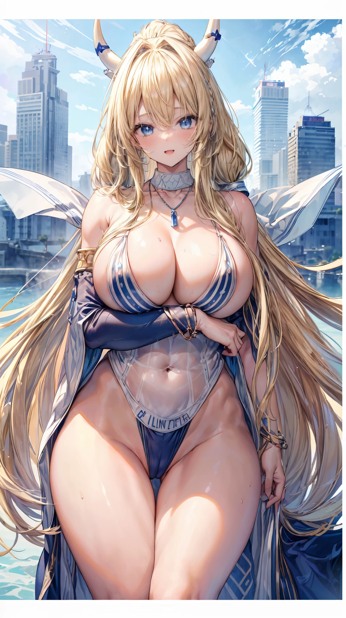 Very detailed、highest quality、Best image quality、masterpiece、8k、Sparkling blue eyes、Anime Face、A kind smile、(Open your mouth)、(Blonde long hair:1.5)、(SFW Giant:1.5)、Cowboy Shot、(White Thong:1.5)、(Muscles of the whole body)、Horn、Professionally、(necklace)、(NSFW)、(Bracelet)、(highleg)