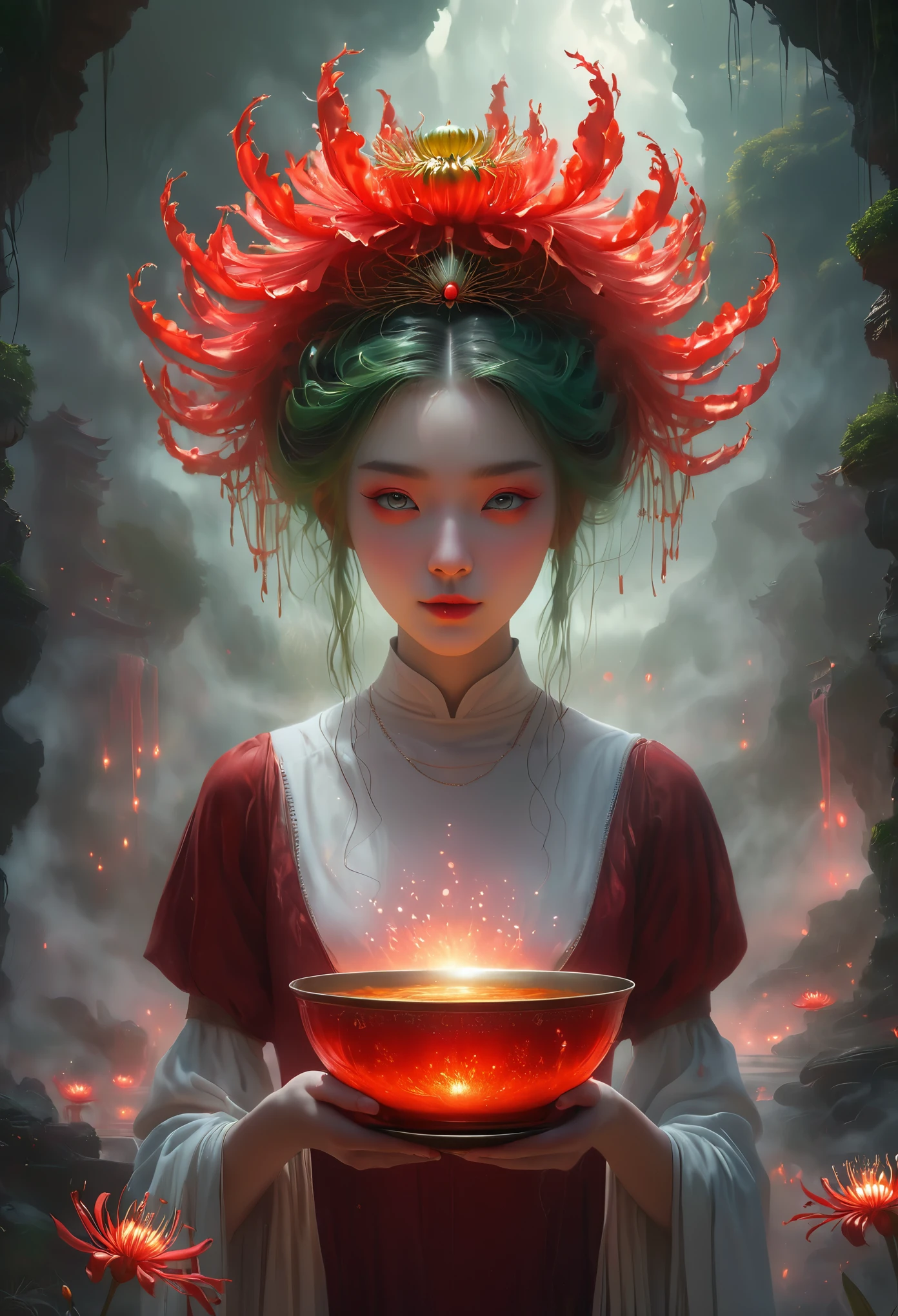 a girl holding a bowl in a fiery landscape, ghostly spirits, red spider lilies,Beautiful face，Gorgeous crown， hyperrealistic, 8k, extremely detailed, surreal, cinematic lighting, volumetric lighting, dramatic, atmospheric，bridge，Everything Grows，Skeleton，Green soup，Glowing Bana-Long Stem