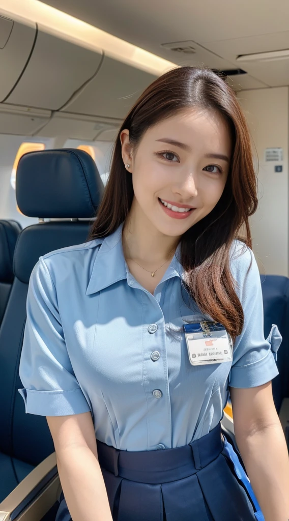 (8K, best quality, masterpiece:1.2), (realistic, photo-realistic:1.37), (high color saturation:1.0), (highly detailed skin), (highest quality:1.0), (ultra high resolution:1.0) ,(realistic:1.0), (Super detailed:1.0), (8K, Raw photo:1.1)、standing random pose, smiling, natural breast, perfect lighting, 22years old, (mysterious), clear and detailed, ((ANA_Cabin Crew, blue flight attendant_uniform)), black pantyhose, (aircraft, aircraft seats), cute face, sitting, (I can see the white_panties from skirt), nsfw,
