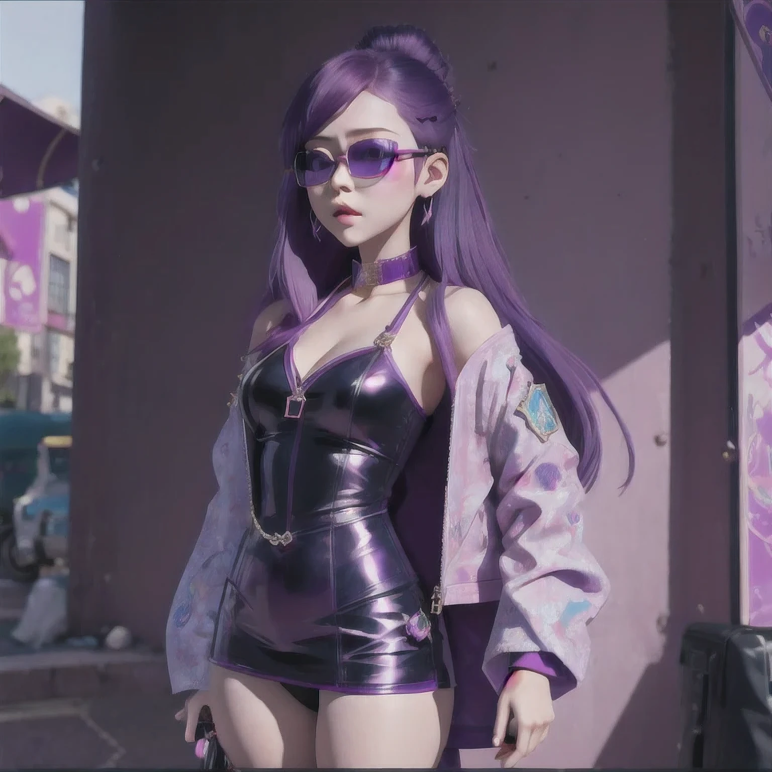 purple haired woman with purple sunglasses and a purple jacket, artwork in the style of guweiz, inspired by Yanjun Cheng, guweiz, trending on cgstation, belle delphine, yanjun chengt, ross tran 8 k, purple aethetic, in the style of ross tran, luts, deviantart artstation cgscosiety, trending at cgstation(masterpiece, best quality:1.2), 1girl, solo