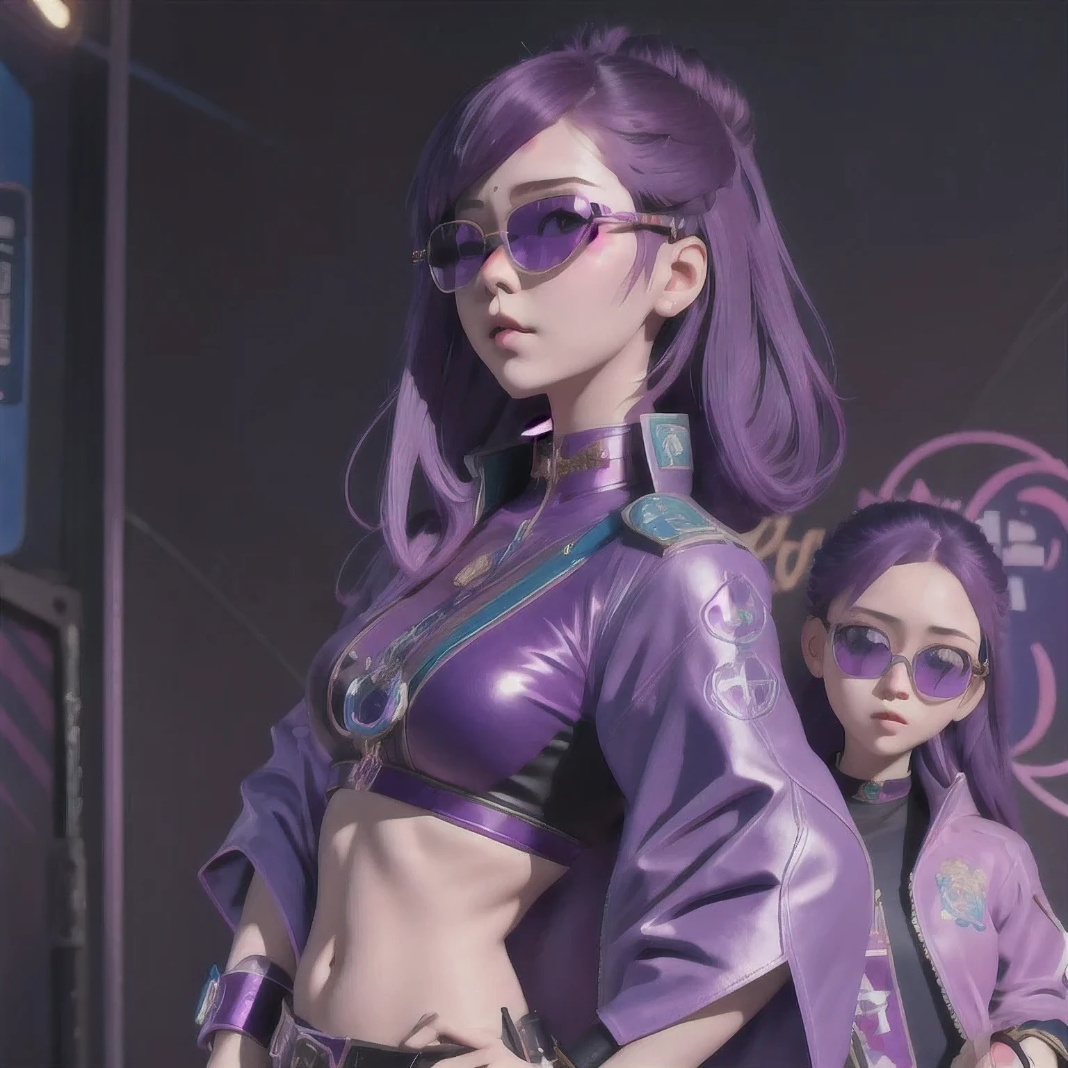 purple haired woman with purple sunglasses and a purple jacket, artwork in the style of guweiz, inspired by Yanjun Cheng, guweiz, trending on cgstation, belle delphine, yanjun chengt, ross tran 8 k, purple aethetic, in the style of ross tran, luts, deviantart artstation cgscosiety, trending at cgstation(masterpiece, best quality:1.2), 1girl, solo