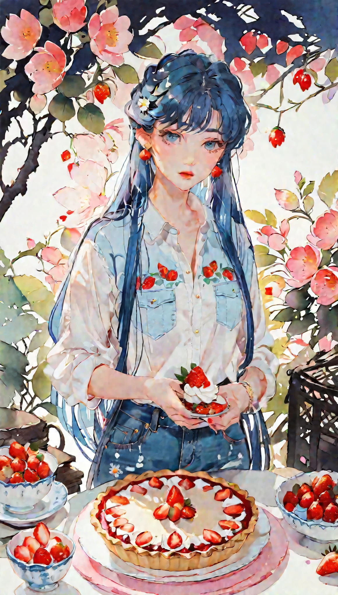 (((paper cutting style))), 1 girl, blue hair, straight long hair, portfolio, shirts, denim, strawberry pie