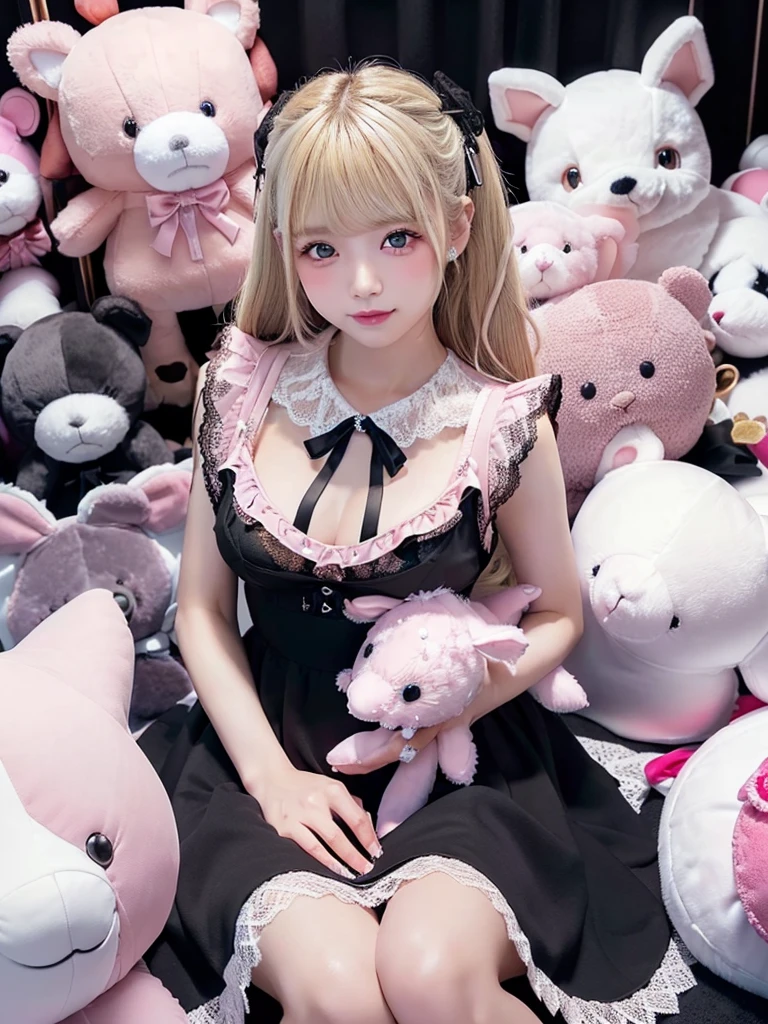 ((highest quality)),(超A high resolution),(Very detailed),(Detailed Description),((The best CG)),(masterpiece),Very detailedなアート、Whitening 1.5、(((Whitening 1.5)))、(((Small breasts 1.2)))、(((Pink and black lace dress 1.5)))、hair ornaments、Twin-tailed hairstyle 1.0、Glitter Necklace、Ultimate Beauty 1.5、(((Blonde 1.5)))、Gentle smile 1.2、(((Surrounded by countless stuffed animals 1.5)))