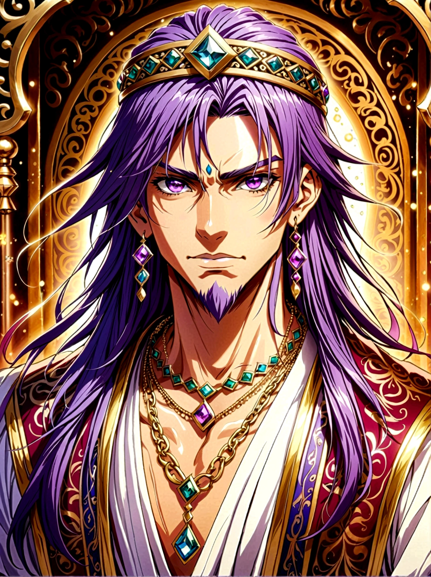 Japanese Manga "Magi: The Labyrinth of Magic", sinbad_adult_magi, 1boy, solo, Male focus, Looking at the audience, Jewelry,Purple Hair,Brown eyes,Long hair,Deep eyes,Handsome appearance and heroic temperament, Sinbad is usually dressed in fancy clothes., Wearing headdress and jewelry, Showing aristocratic majesty and elegance, He is tall and strong, Demonstrating his strong fighting ability and leadership style, masterpiece,Best quality,high quality