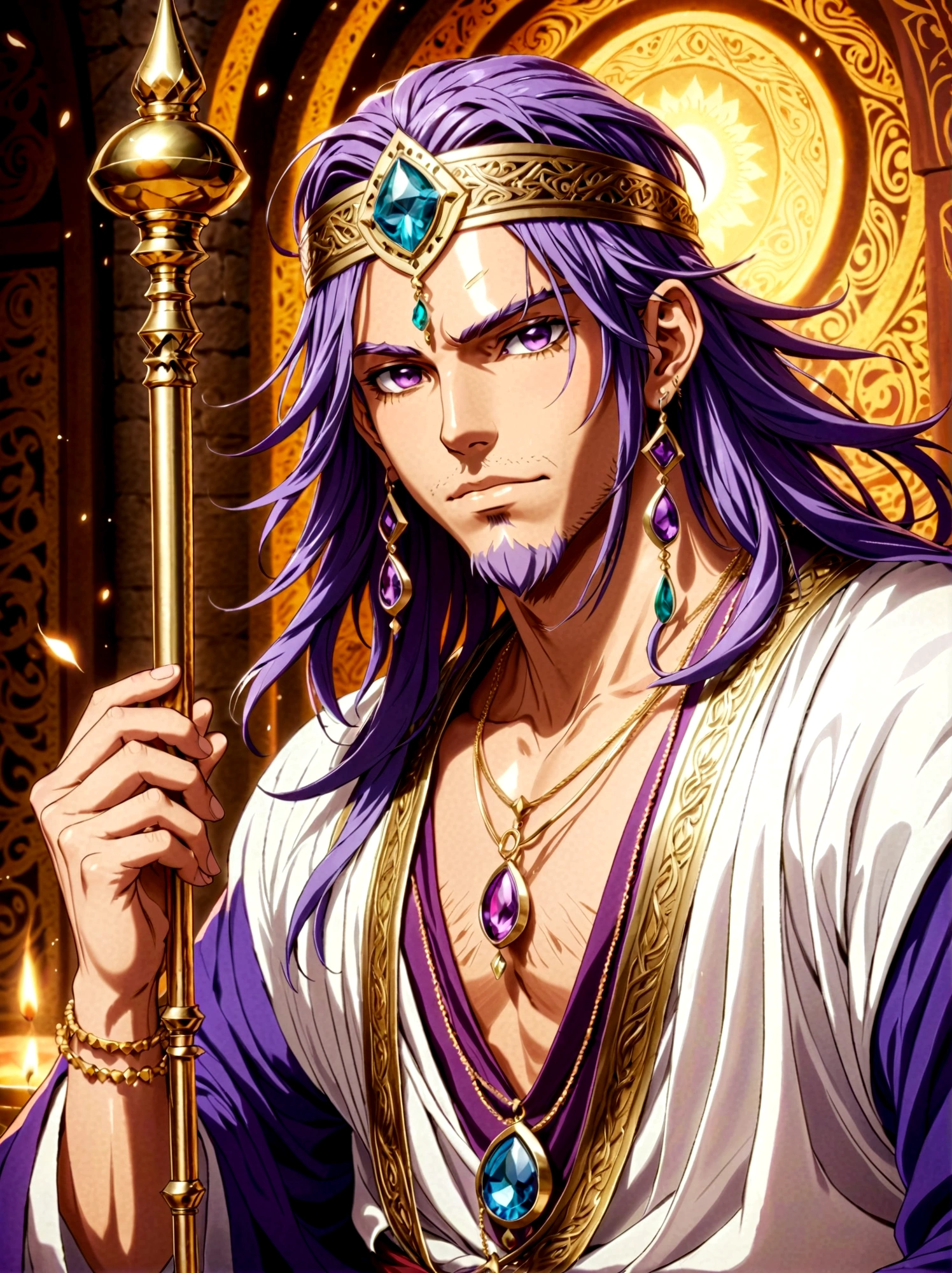 Japanese Manga "Magi: The Labyrinth of Magic", sinbad_adult_magi, 1boy, solo, Male focus, Looking at the audience, Jewelry,Purple Hair,Brown eyes,Long hair,Deep eyes,Handsome appearance and heroic temperament, Sinbad is usually dressed in fancy clothes., Wearing headdress and jewelry, Showing aristocratic majesty and elegance, He is tall and strong, Demonstrating his strong fighting ability and leadership style, masterpiece,Best quality,high quality